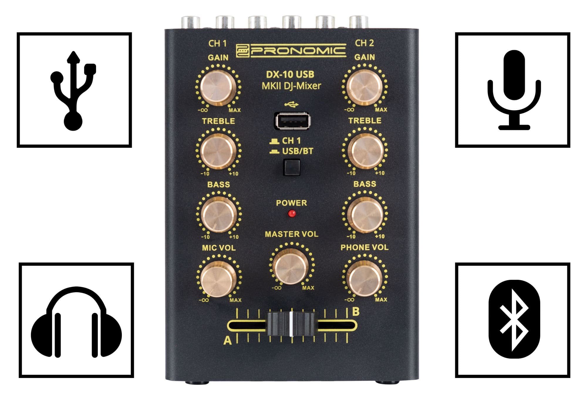 Pronomic DJ Controller DX-10 USB MKII DJ Mixer - 2-Kanal-DJ-Mixer mit 2 Line-Eingängen, (2-Band Equalizer), Bluetooth-Schnittstelle und USB-Player