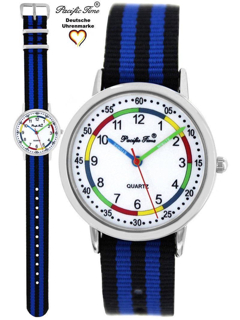 Pacific Time Quarzuhr Kinder Armbanduhr First Lernuhr Wechselarmband, Mix und Match Design - Gratis Versand schwarz blau gestreift