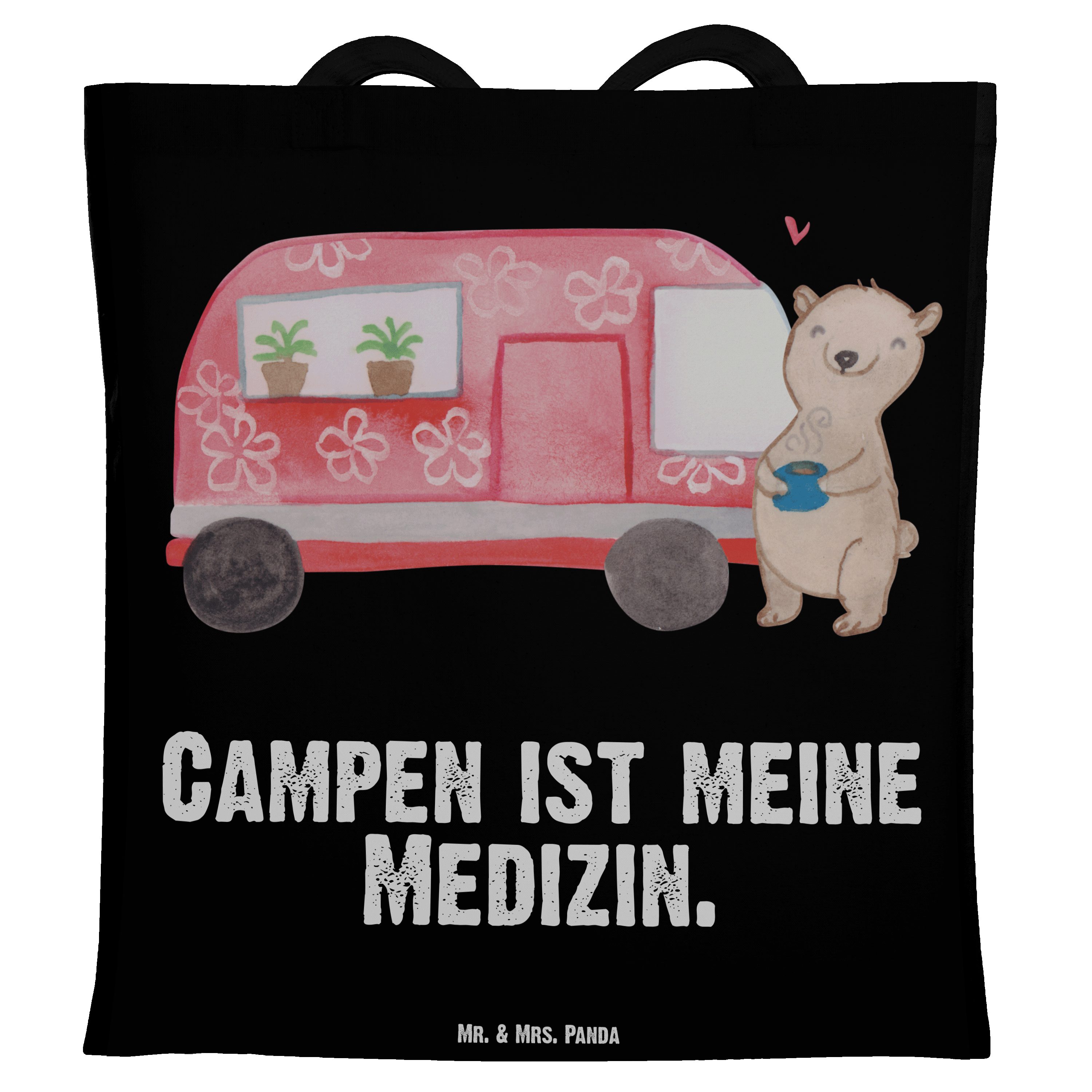 Mr. & Mrs. Panda Tragetasche Bär Camper Medizin - Schwarz - Geschenk, Zelten, Gewinn, Stoffbeutel, (1-tlg)
