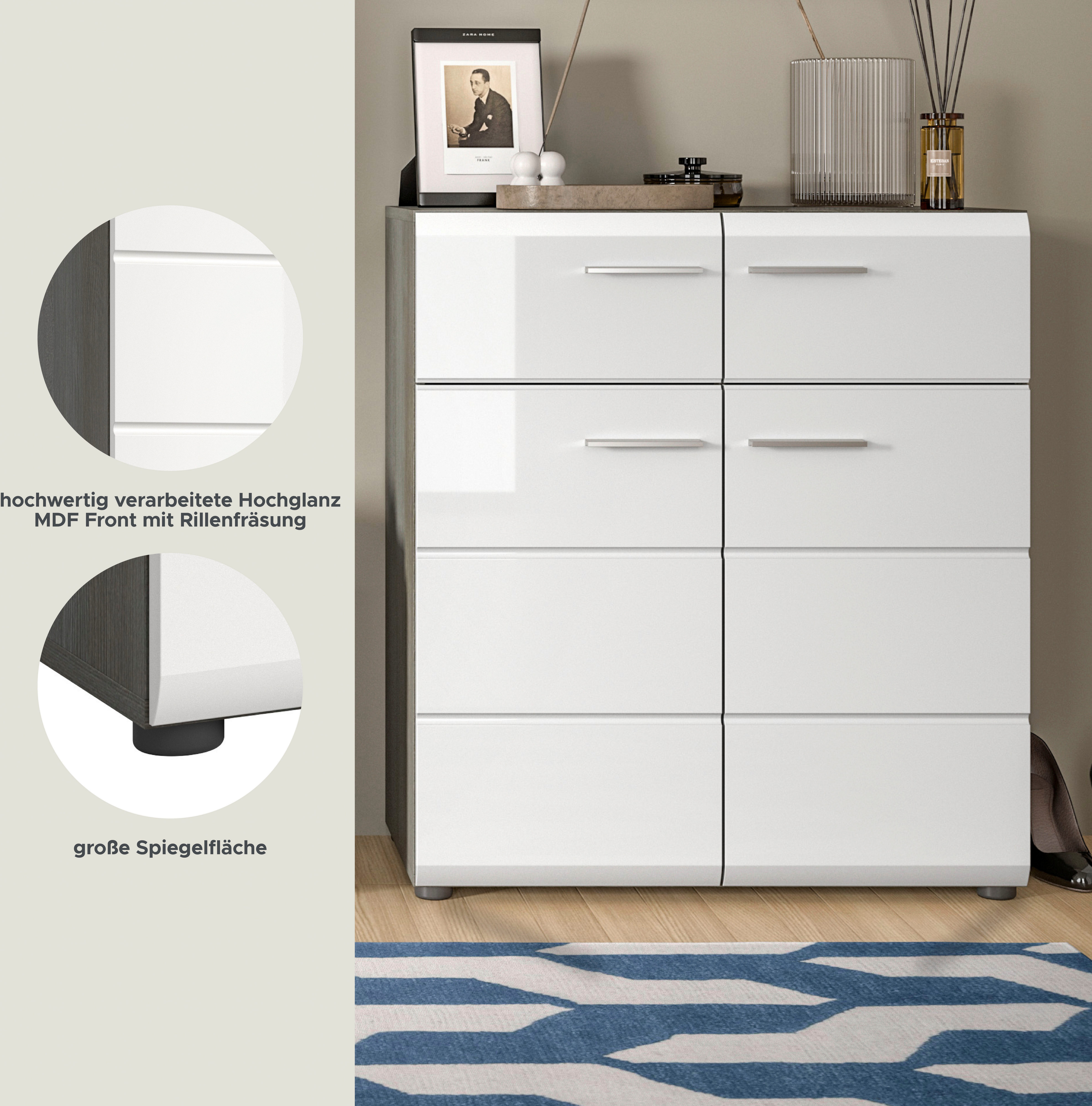 Home affaire Schuhschrank Rumba, Breite 80 cm, Hochglanz Front, 2 Türen, 4 Einlegeböden, 2 Schubkästen, Schuhkommode, Kommode, Flurschrank