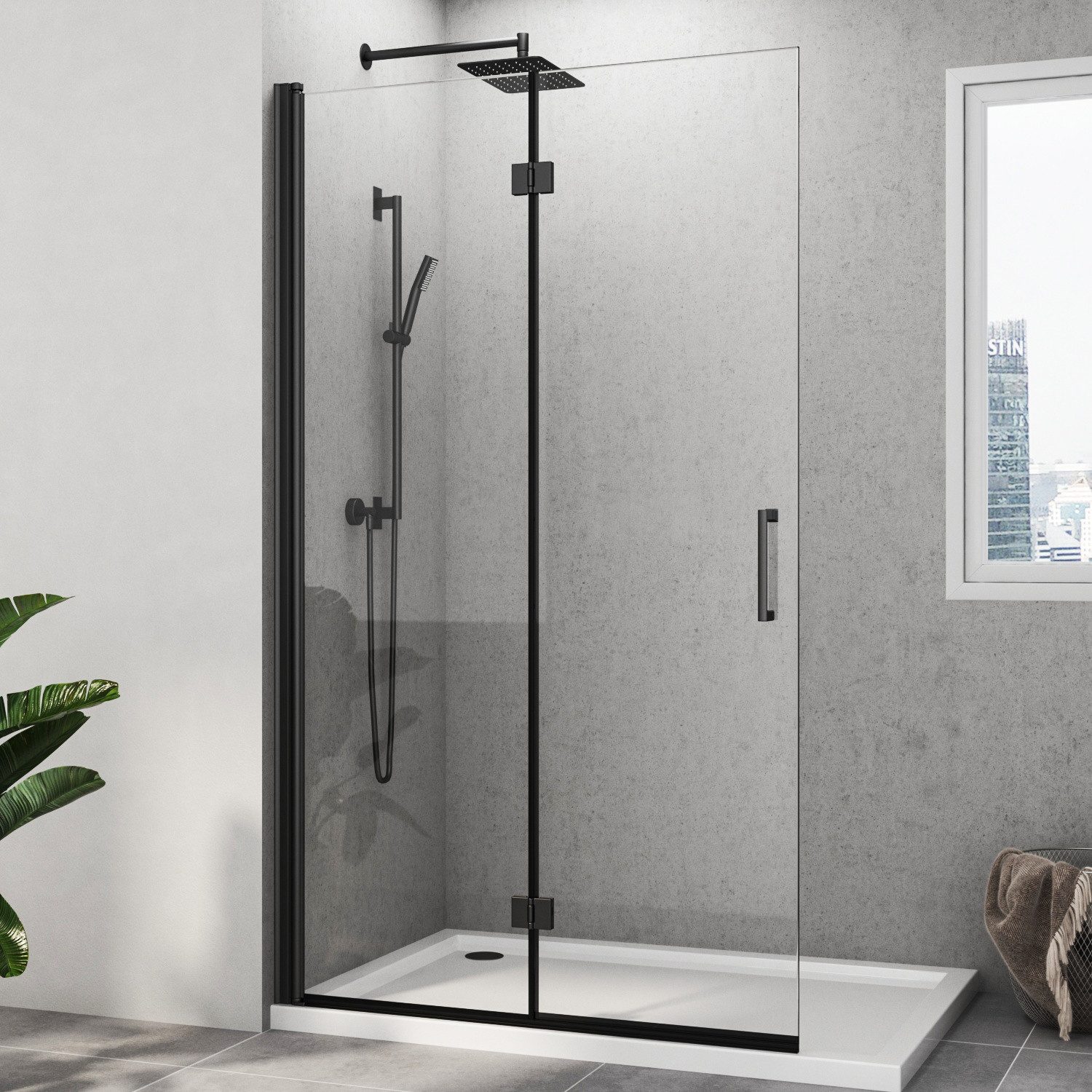 Hopibath Walk-in-Dusche (115,7-116,7) x 195cm Duschwand Schwarz Duschabtrennung Glas, 5mm NANO Glas, (Falttür Scharniertür, 180° Faltbar), Rechts-und Links montierbar