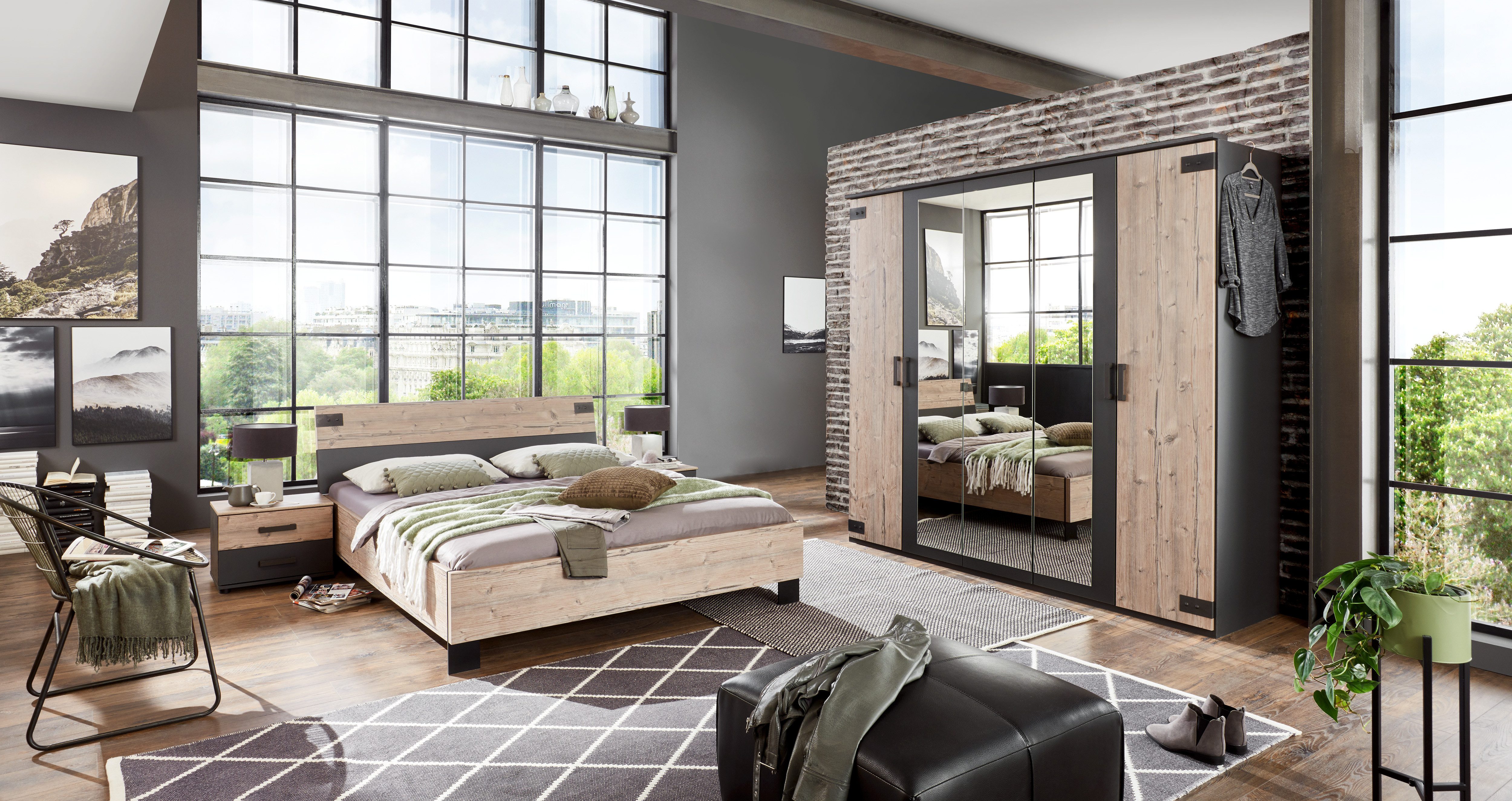 möbel-direkt.de Komplettschlafzimmer Malmö in Silver Fir und Grafit, (Komplett-Set, 4-tlg., in unterschiedlichen Schrankbreiten erhältlich), Made in Germany, mit Spiegel