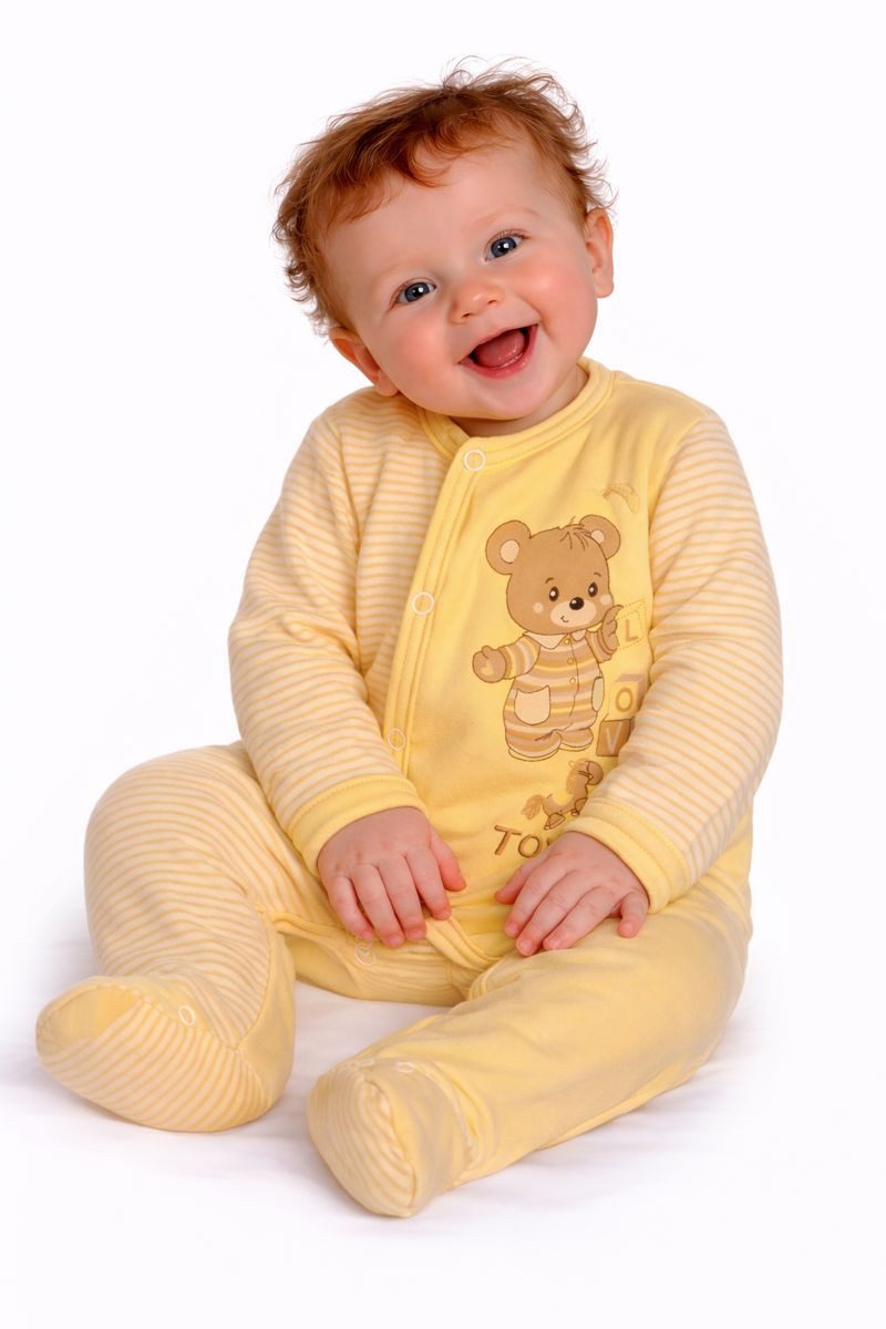 Strampler Baby Overall Einteiler für Neugeborene in Gelb gestreift mit Bärchen