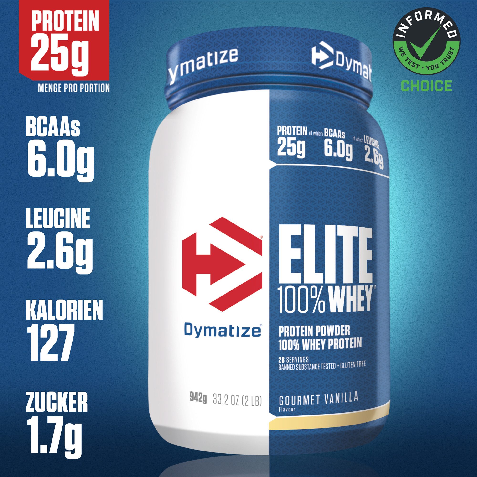 Dymatize Whey Protein Pulver Shake Elite 100% Isolat Gourmet Vanilla 942 g Pulver, 942 g