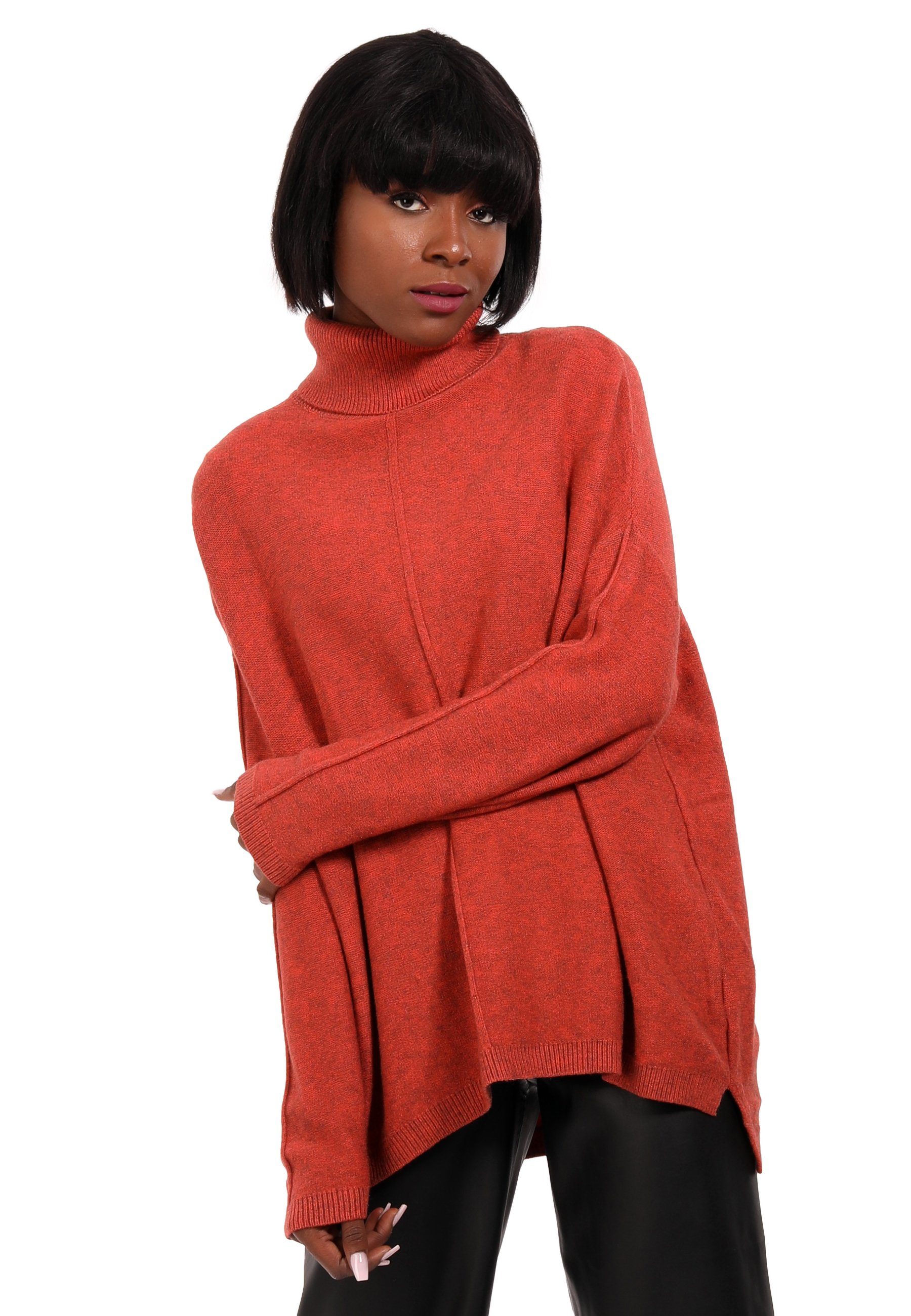 Oversized melierter Size Fashion (1-tlg) Feinstrick YC in aus & Style Optik One Pullover koralle Rollkragenpullover
