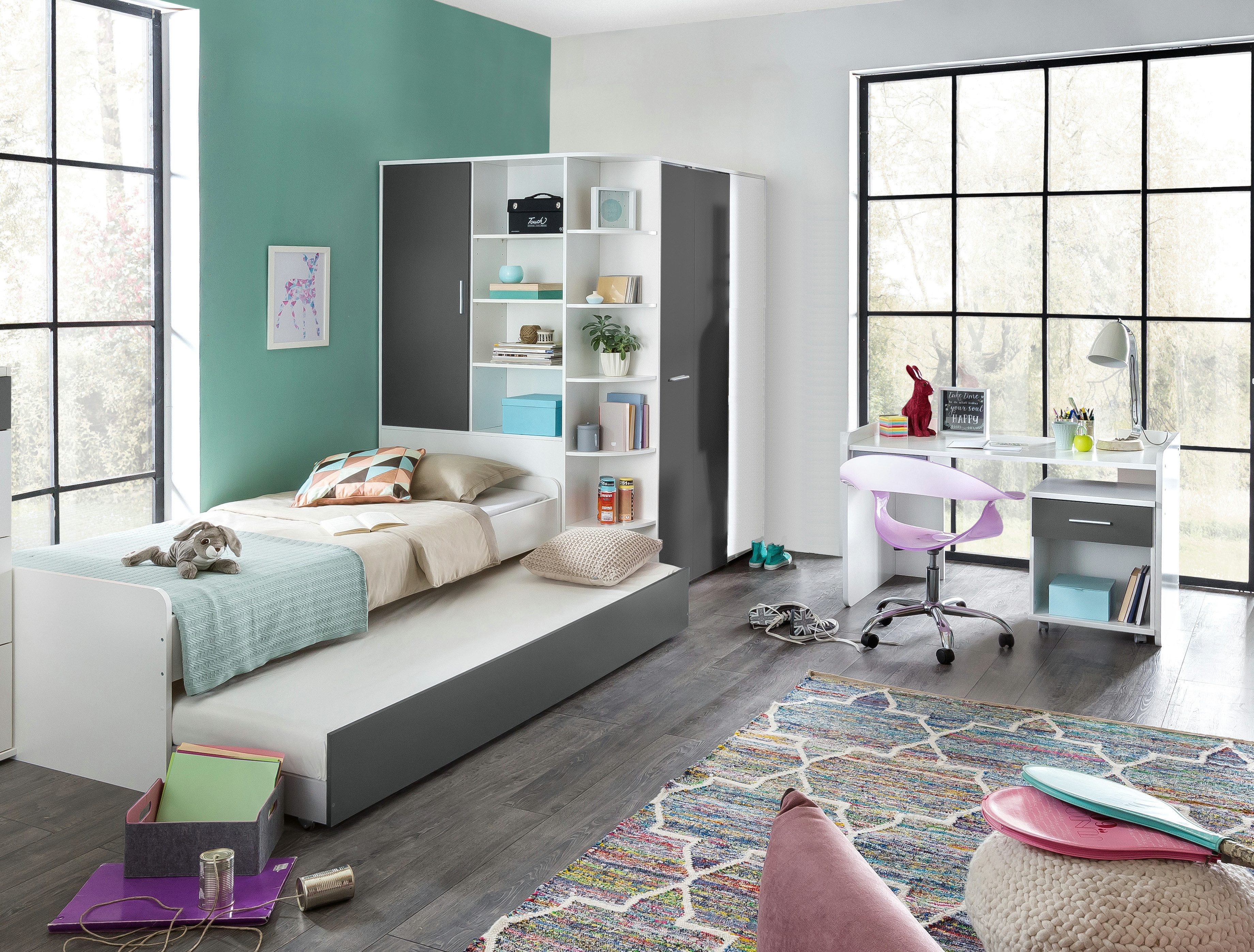 Wimex Jugendzimmer-Set Joker in Weiß und Anthrazit, (Komplet Set, 7-tlg., in verschiedenen Zusammenstellungen wählbar), Bett mit Auszugsliege, begehbarer Eckschrank