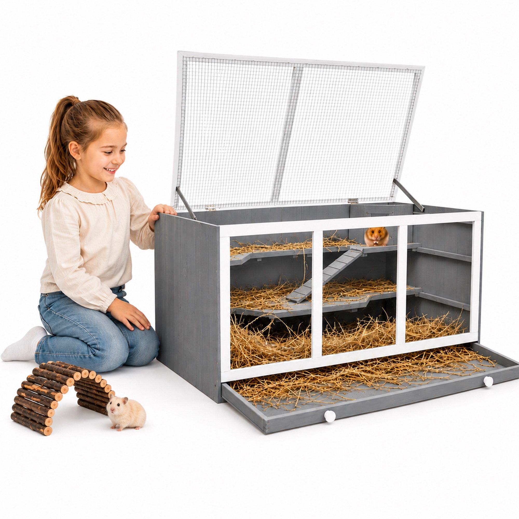 Mucola Kleintierkäfig Kleintierstall Holz mit Plexiglasfront – 3 Etagen Stall für Nagetiere, Aufklappbaren Deckel, herausnehmbarer Schublade, Plexiglasfront