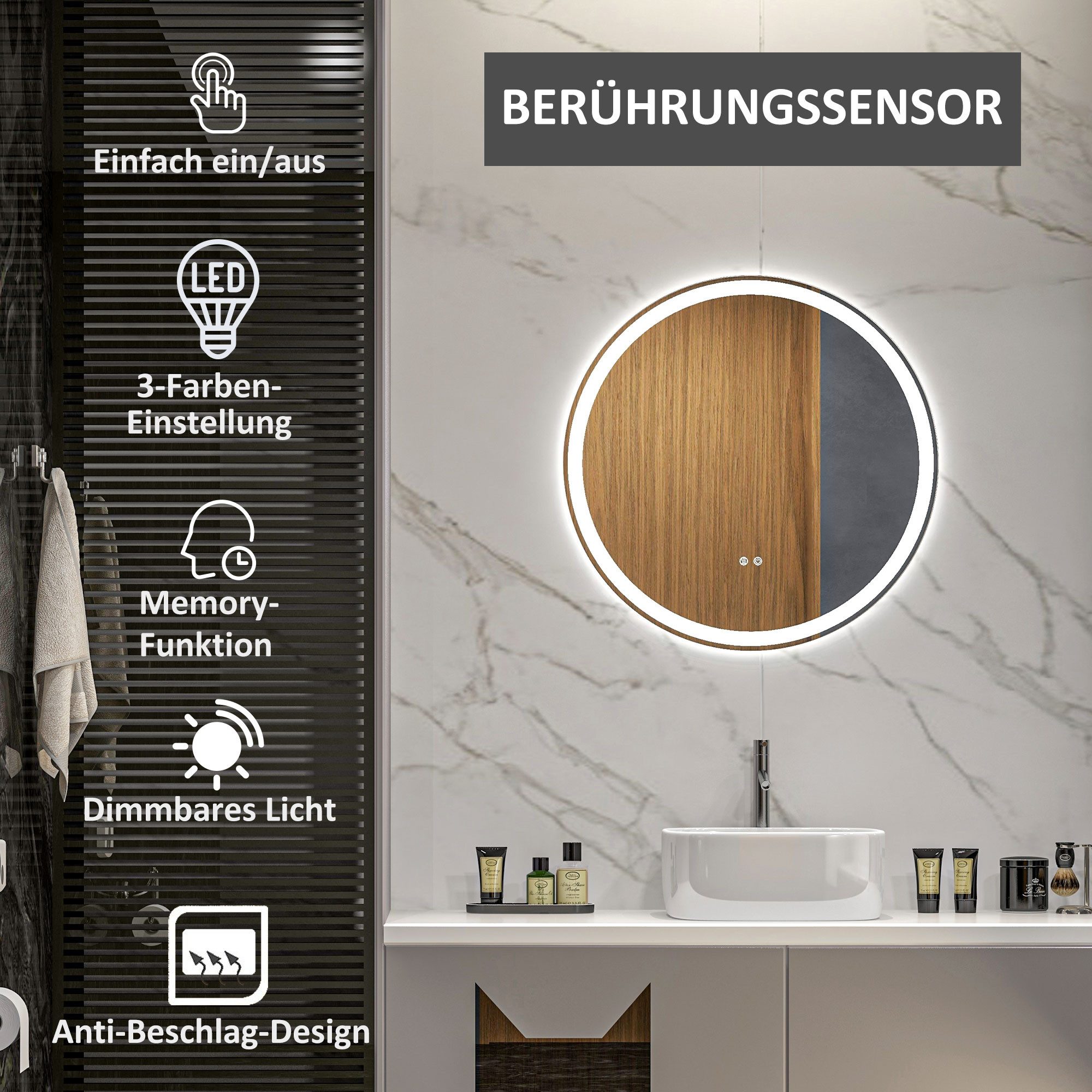 Kleankin Spiegel Badezimmerspiegel, Badspiegel mit LED Beleuchtung (60 cm Leuchtspiegel mit Touch-Funktion, 1-St., Memory-Funktion), Wandspiegel mit Alurahmen – Bild 4 von 5