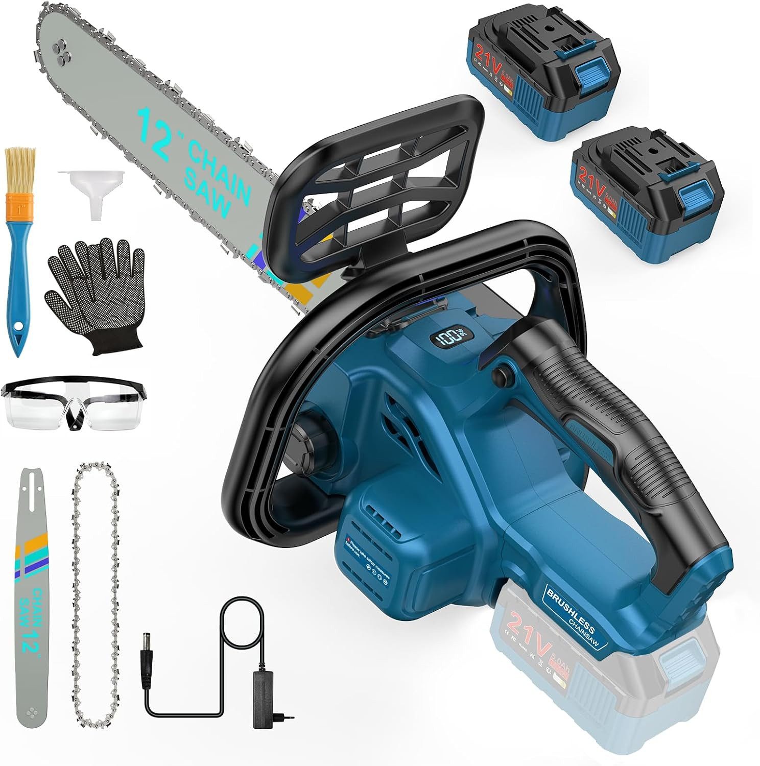 AeroAxis Akku-Kettensäge 12 zoll,1200W Elektrische Motorsäge mit Automatischem Ölsystem, 30,5 cm Schwertlänge, Set, 2x5000mAh Akkus, Schutzbrille, Führungsstange, Sägekette& 2xHandschuhe, Umlaufender Handgriff, Handschutz, für Astschnitte & Holzarbeiten