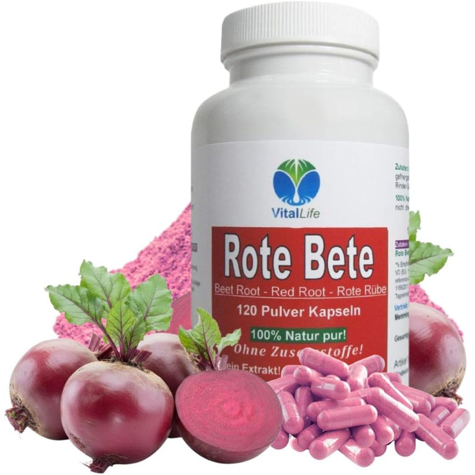 VitalLife Rote Beete rote Bete reines Wurzel-Pulver. NATUR Pur OHNE Zusatzstoffe Kapseln, 1 er Dose à 120 St., 70 g, Art. 26315