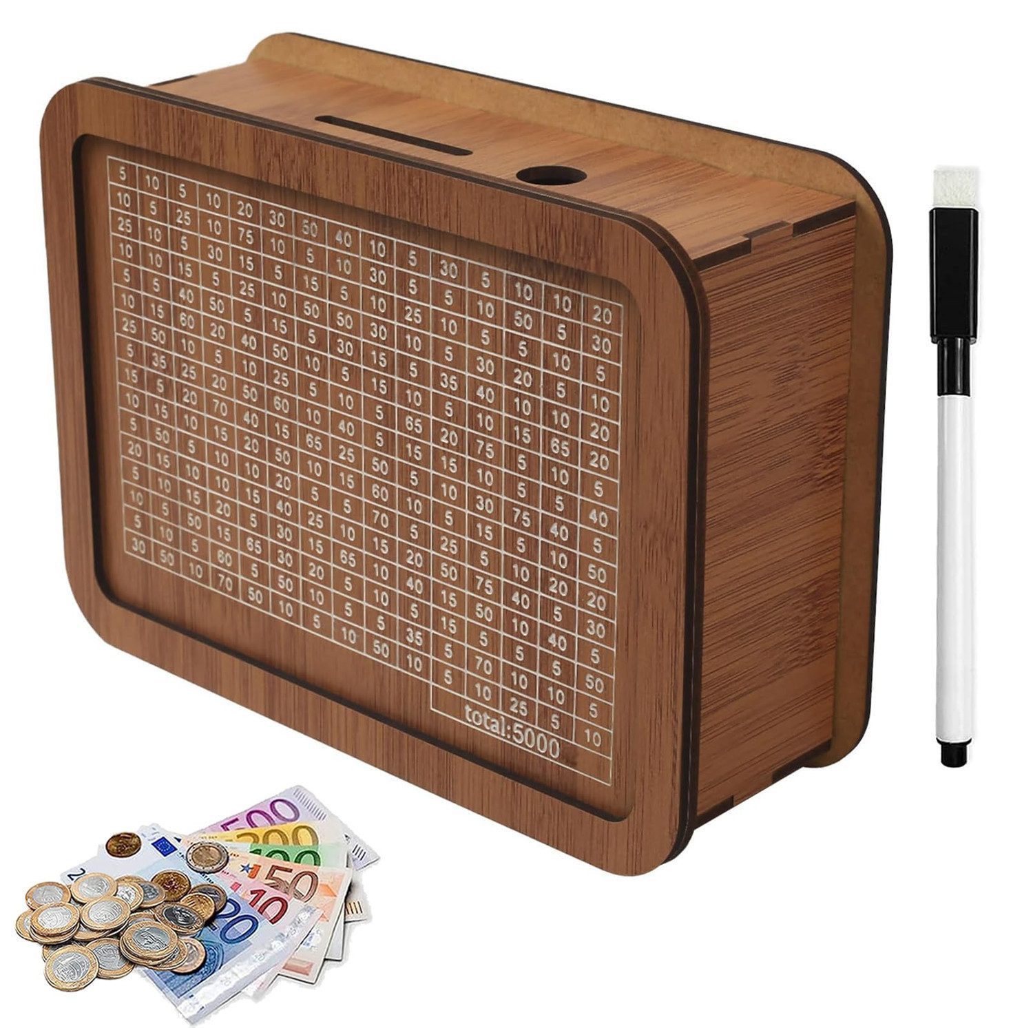 BlingBin Spardose Holz Sparschwein Spardose Sparbüchse Moneybox Sparbox, (1 x Spardose mit Zähler und 1 x Wasserlöslicher Stift, 1-tlg., 5000), mit Ziel für Kinder und Erwachsene