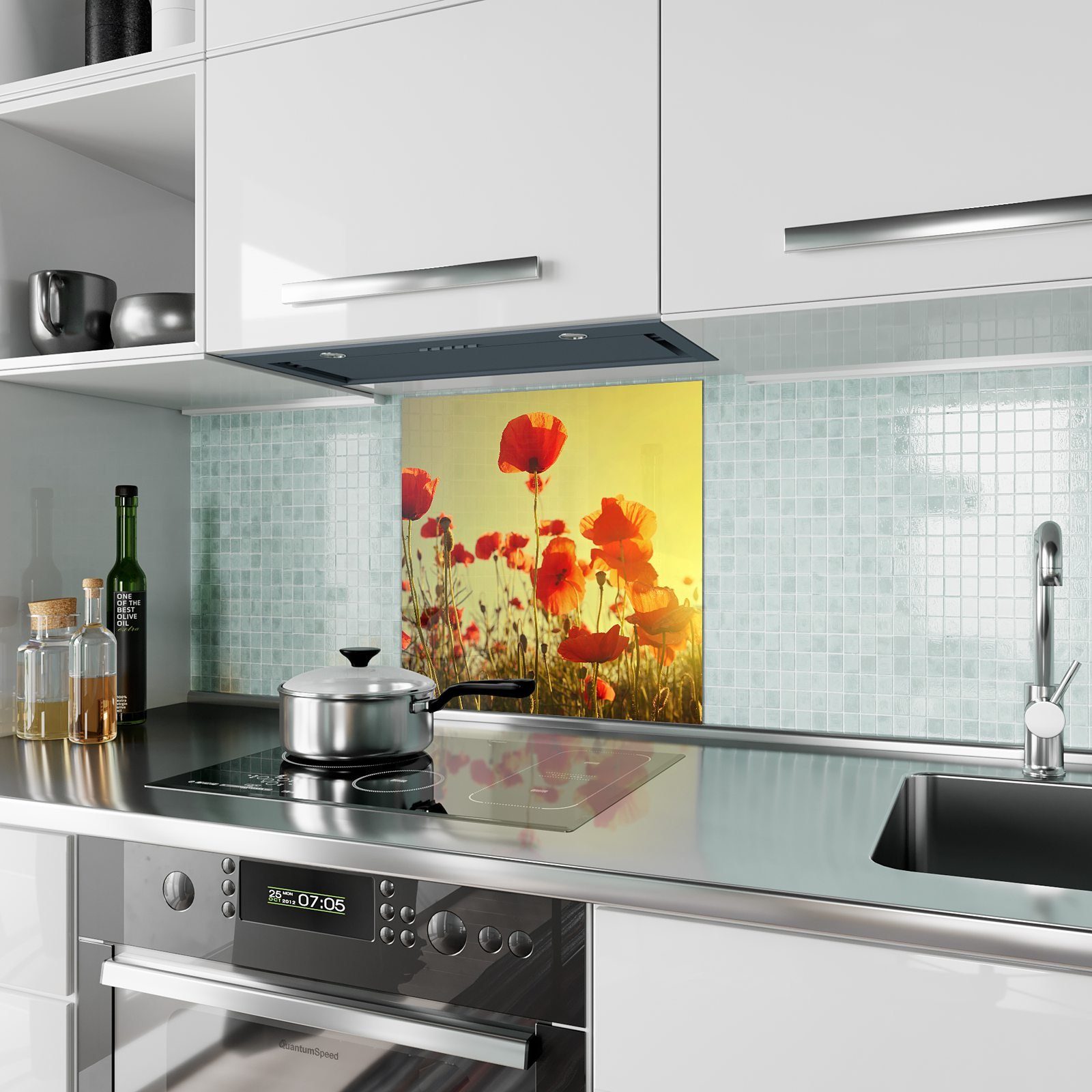Primedeco Küchenrückwand Küchenrückwand Spritzschutz Glas im Roter Mohn mit Sonnenschein Motiv