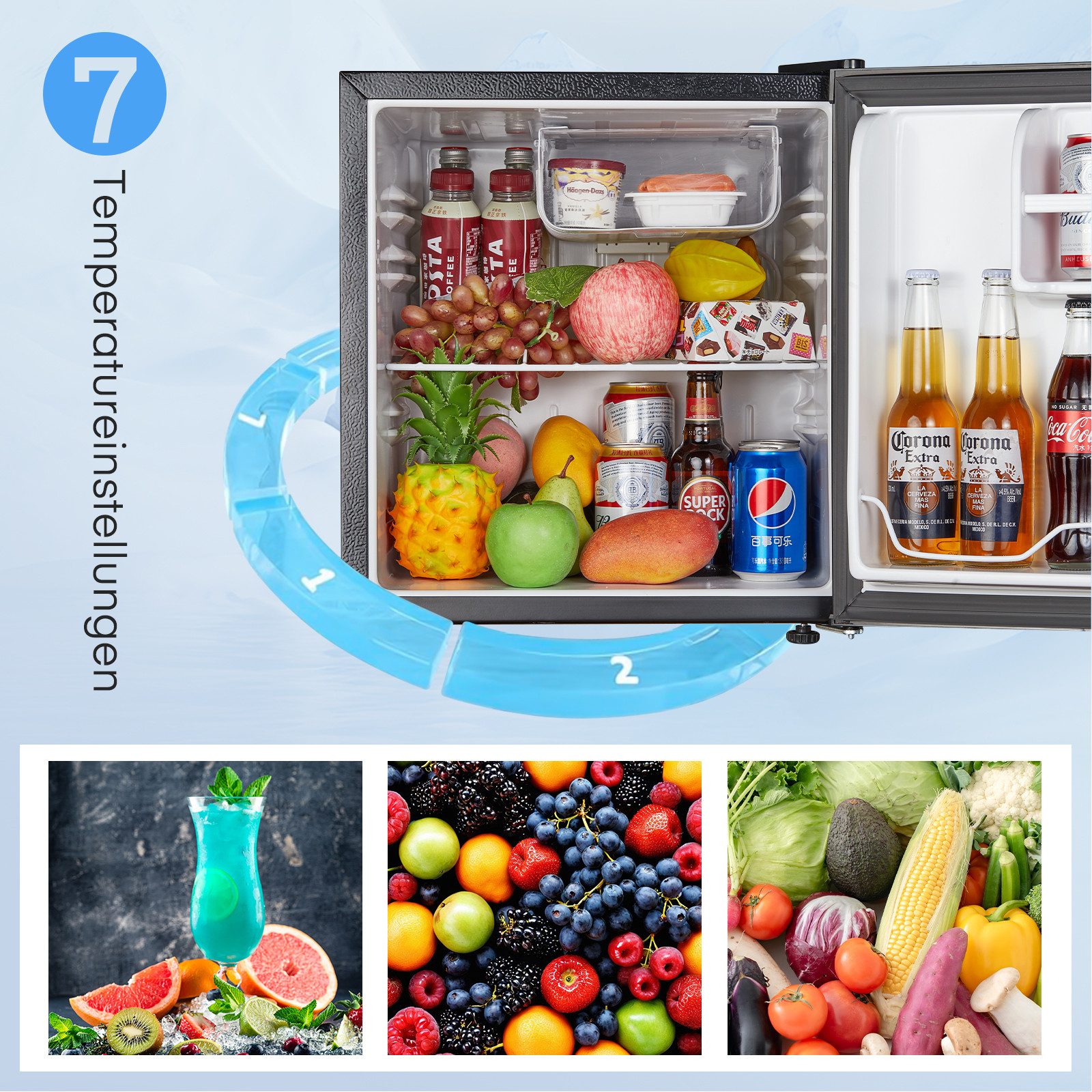 FOHERE Table Top Kühlschrank 46L Minikühlschrank mit Kühl- und Gefrierfunktion, 46.9 cm hoch, 43.4 cm breit, mit umkehrbarem Türanschlag und präziser 7-stufiger Temperaturregelung