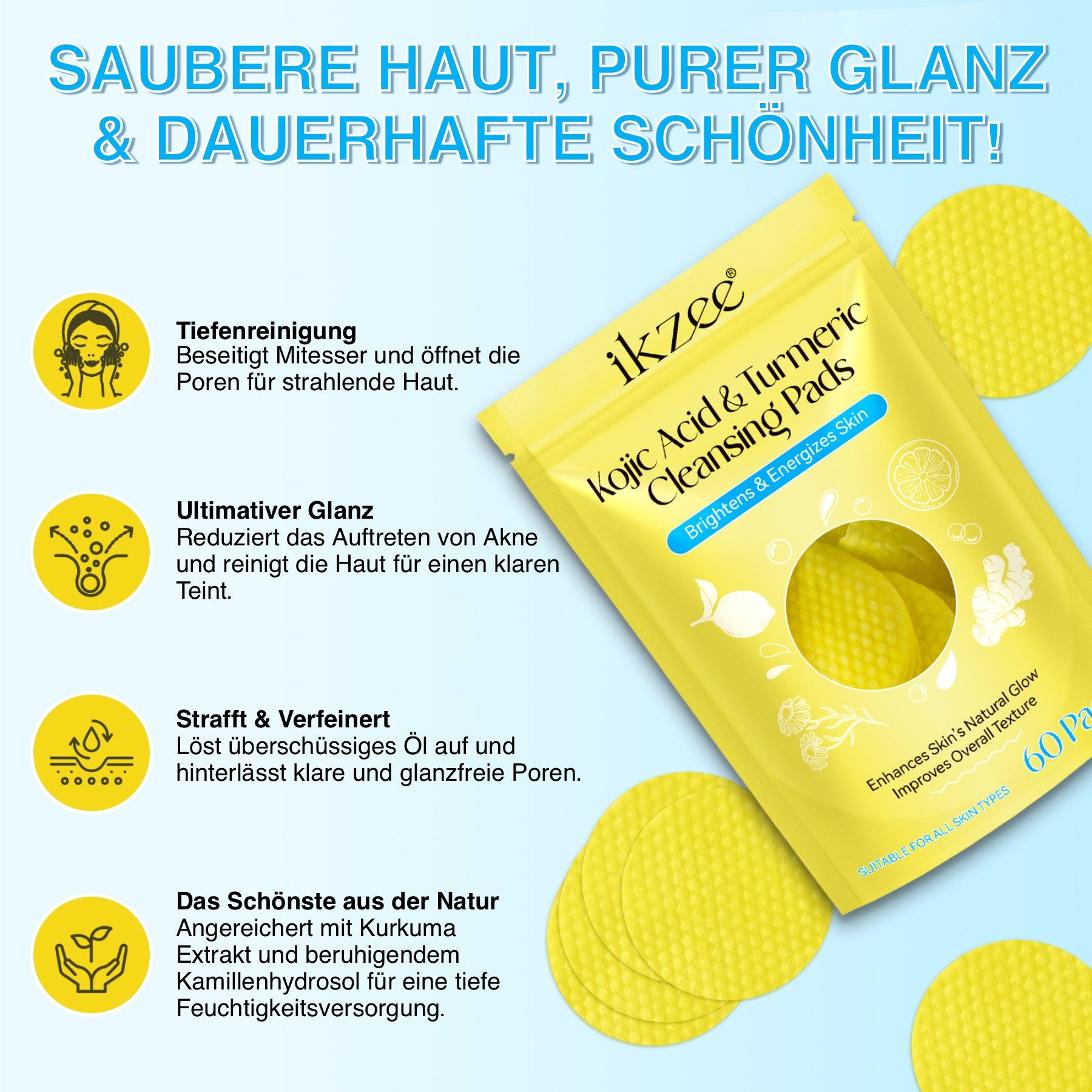 P-Beauty Cosmetic Accessories Gesichtsreinigungstücher Gesichtspads Gesichtsreinigung Kurkuma Turmeric Cleansing Pads, 1-tlg., Ideal für die tägliche Anwendung, Sanfte Haut Pflege