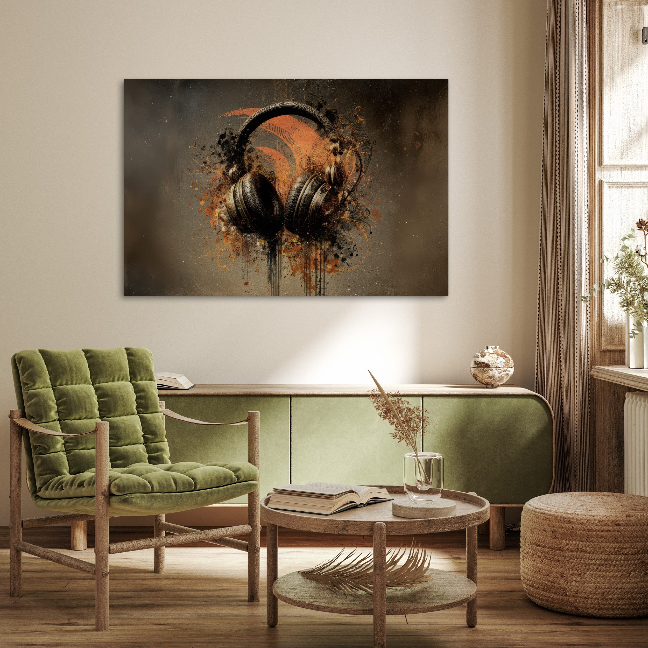 MuchoWow Poster Kopfhörer - Braun - Farbe - Vintage, (1 St), Bild für Wohnzimmer, Wandposter ohne Rahmen, Wanddeko, 120x80 cm