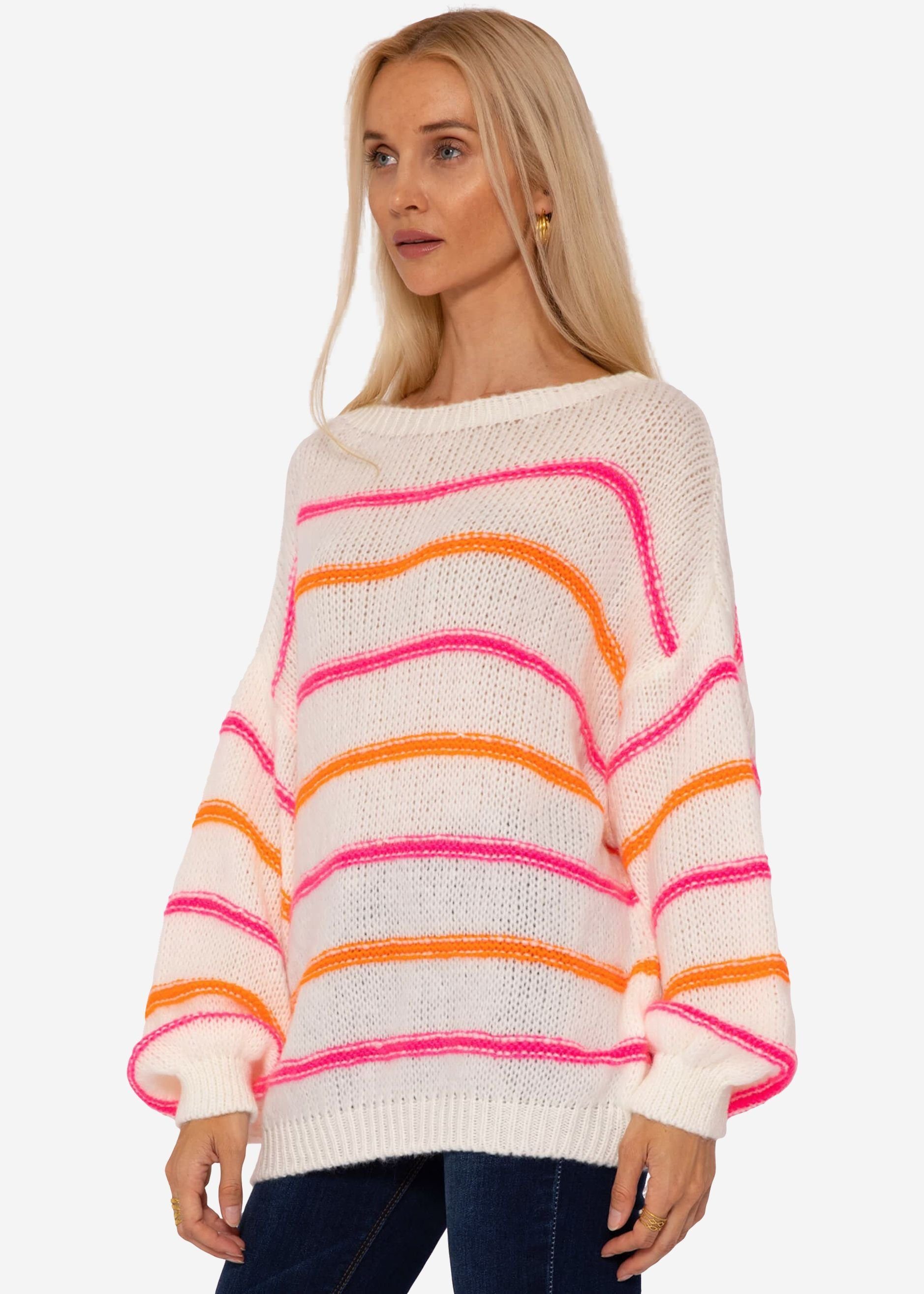 Strickpullover Rundhalsausschnitt mit Made Pink, Damen Oversize SASSYCLASSY aus Orange Grobstrick weitem weichem Lässiger in Pullover Strickpullover Offwhite, Italy