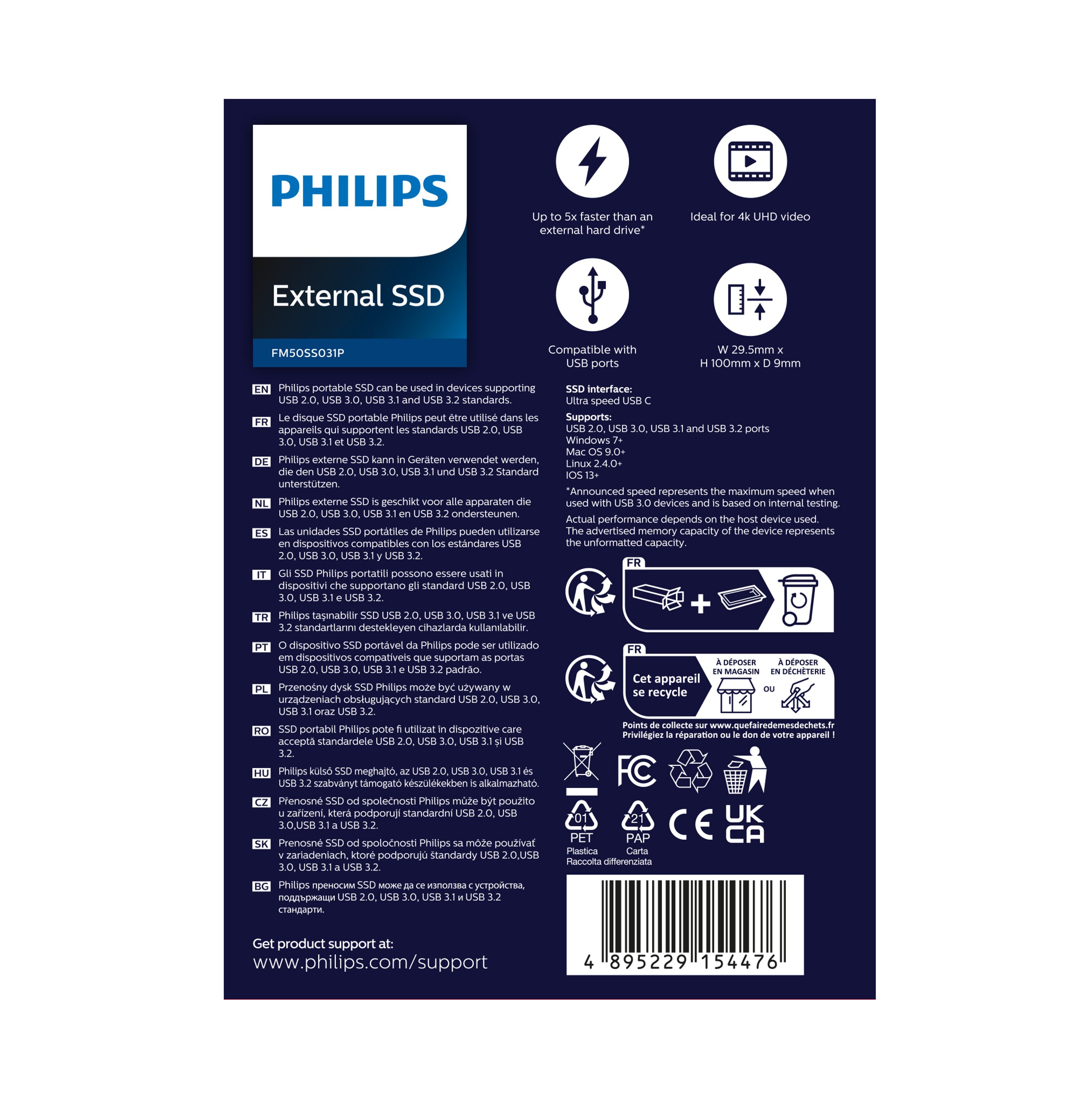 Philips Portable SSD 500 GB, FM50SS031P/00 externe SSD (500GB) 2,5" 540 MB/S Lesegeschwindigkeit, 520 MB/S Schreibgeschwindigkeit, Ultra Speed USB-C 3.2, Space Grey, Aluminium