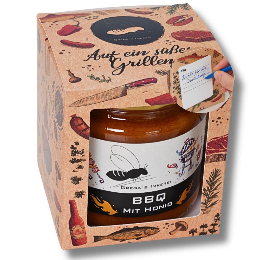 Grega´s Imkerei Grillsauce Honigsüße Geschenk Box Set, 1 x 250 g, (nach deiner Wahl, perfektes BBQ Gastgeschenk oder Mitbringsel für Grill begeisterte), Honigsüße Grillspezialitäten direkt vom Imker