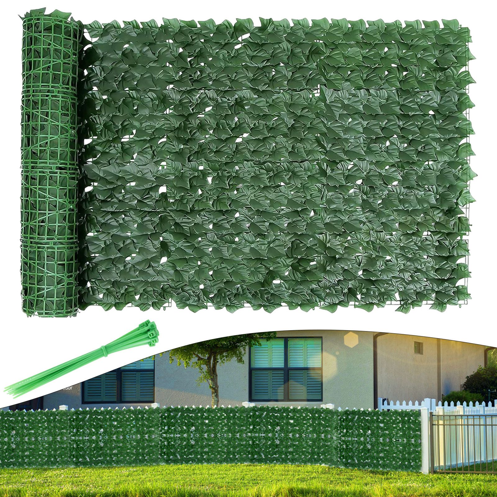 BlingBin Kunsthecken-Sichtschutz Balkonsichtschutz Kunsthecke 300 × 100 cm, Efeu-Optik, zuschneidba, (1er Set, 1-St., 1 Stück – 300 × 100 cm / 3 m), Für Outdoor Sichtschutz Zaun Gärten, Zäune, Balkone Decor