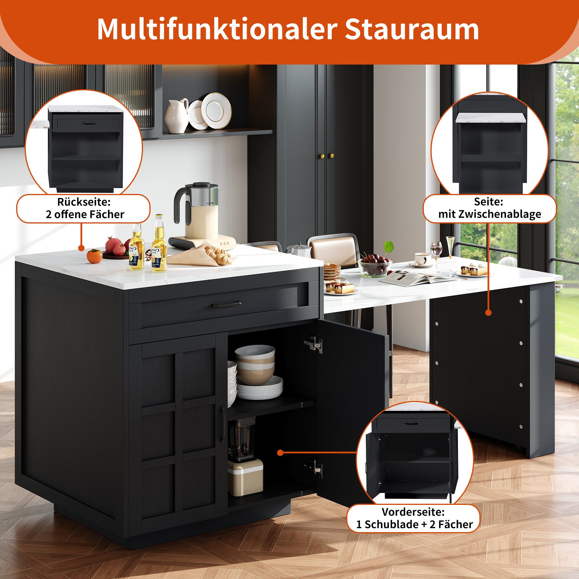 i@home Bartisch ausziehbarer Esstisch, Küchentisch, Kücheninsel, Esszimmertisch (1 Tisch), mit Stauraum (133-202×70×93.5cm),für 2-6 Personen,erweiterbar Tisch