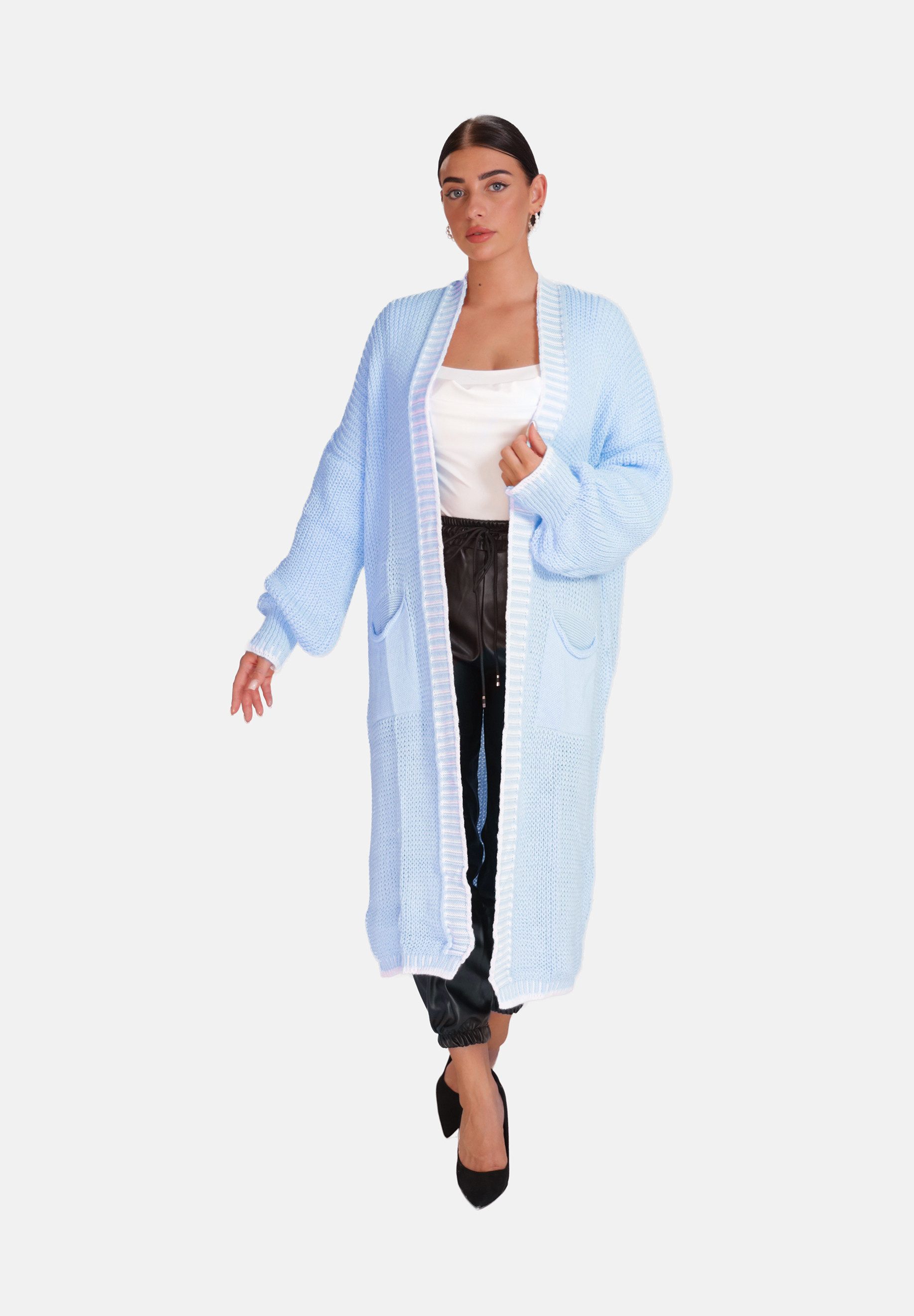 Elara Cardigan — Damen Long Cardigan One Size mit Kontrastborte und Taschen