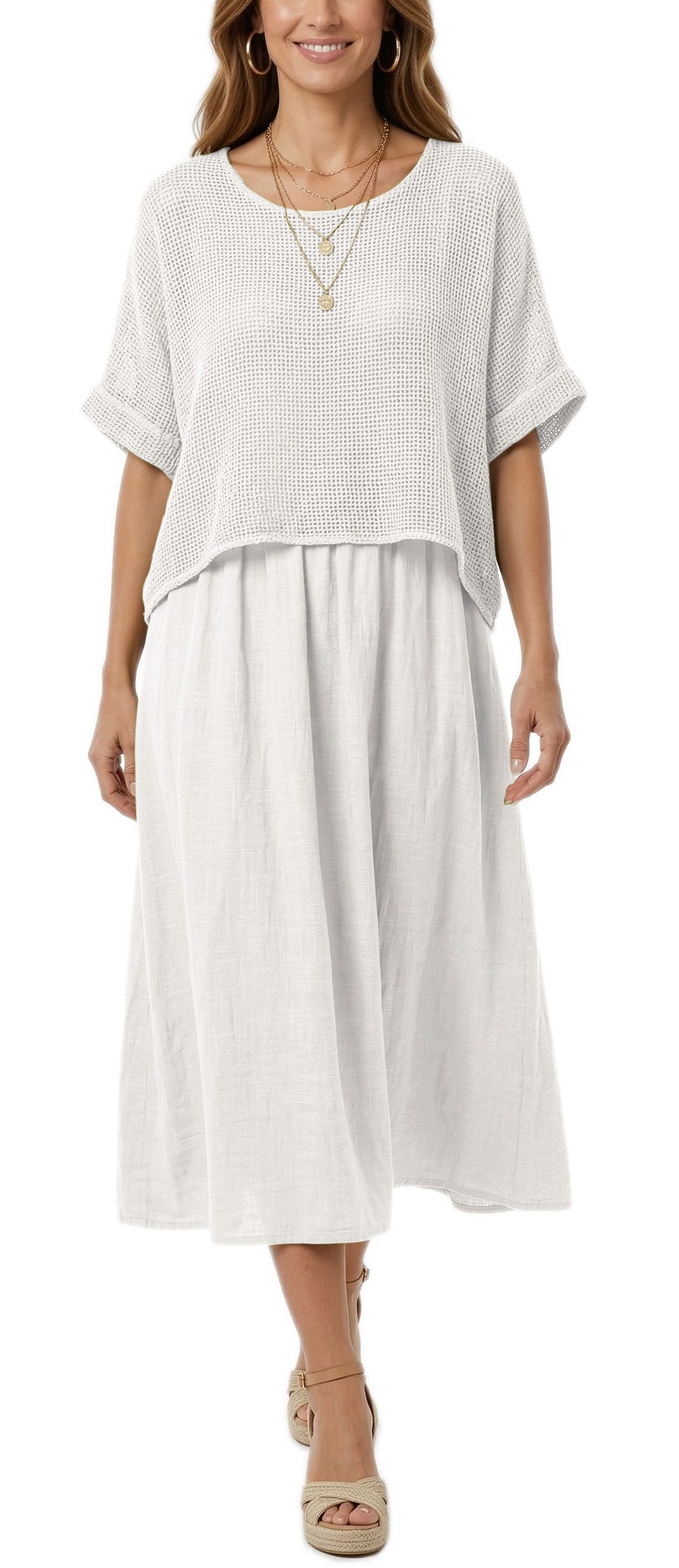 dy_mode Damen Sommerkleid Midikleid in Zweiteiler-Optik Lagenlook Kleid in Unifarben, Zweiteiler-Optik