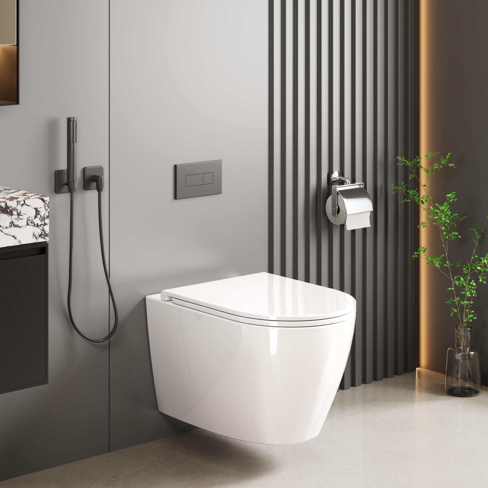 GarveeMore Tiefspül-WC mit 360° Rimless-Spülung, Soft-Close-Funktion, Schnelllösesystem, wandhängend, Abgang Wirbelspülung, aus Keramik, UF-Sitz (großes D-Design), 35×50×35 cm, Weiß