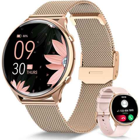 Sanorum Smartwatch Damen mit Telefonfunktion Smartwatch (3.53 cm/1,39 Zoll, HD Voll Touchscreen) Fitness Tracker mit 120 Sportmodi, SpO2 Pulsuhr Schlafmonitor Menstruationszyklus, Armbanduhr für iOS Android
