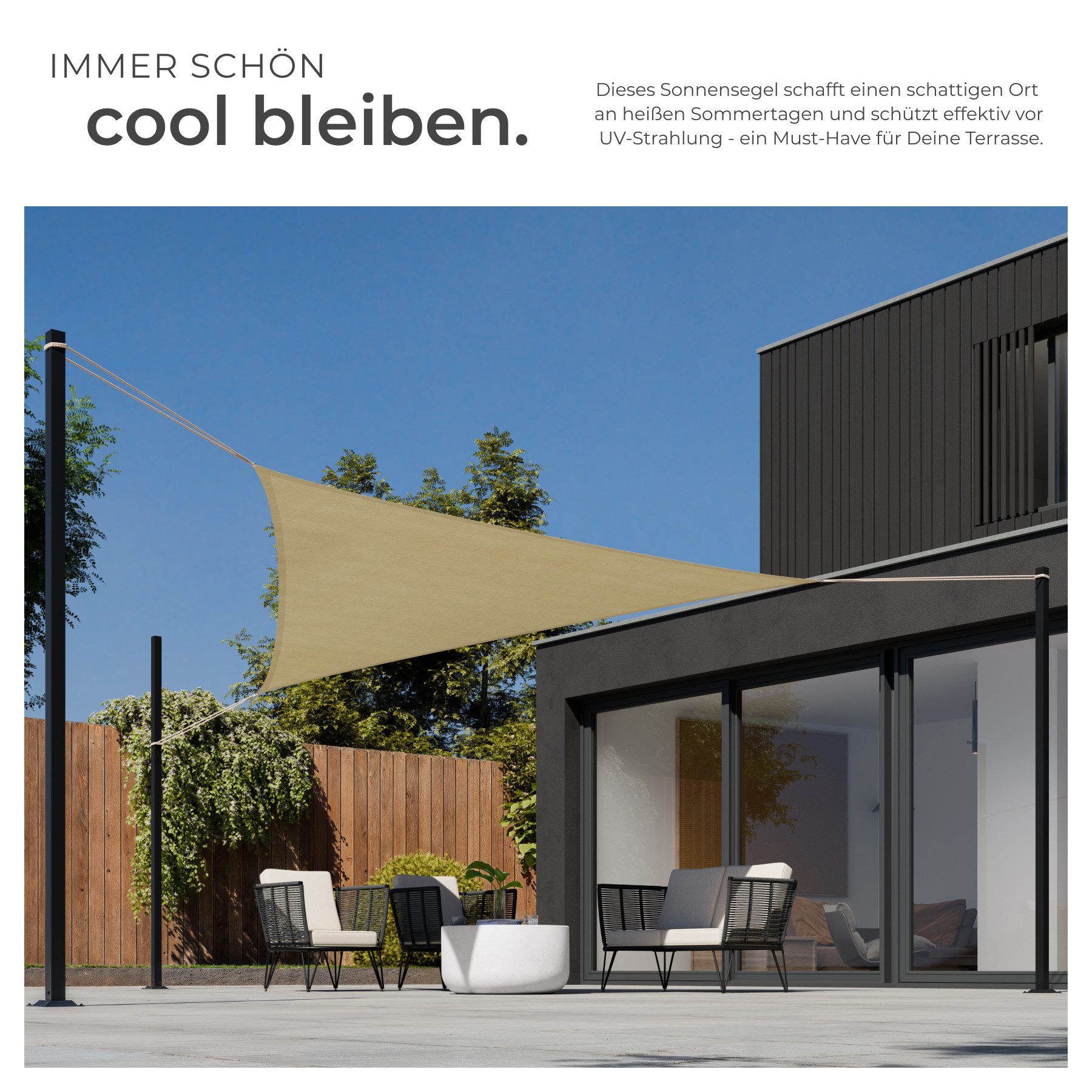 tectake Sonnensegel Dreieck-Beschattungstuch, UV 50+, Spannseile, Edelstahlringe, (Sonnenschutzplane, in beige), für Balkon/Garten/Terrasse, wasserabweisend, at – Bild 4 von 5