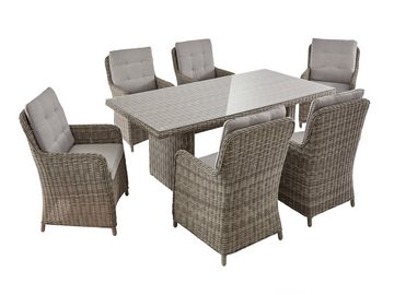 KONIFERA Garten-Essgruppe Venedig, (Set, 19-tlg., 6x Sessel, 1x Tisch 200x100x75 cm, inkl. Auflagen, Alu, Polyrattan), Tischplatte aus 5mm starkem Sicherheitsglas, Hellgrau