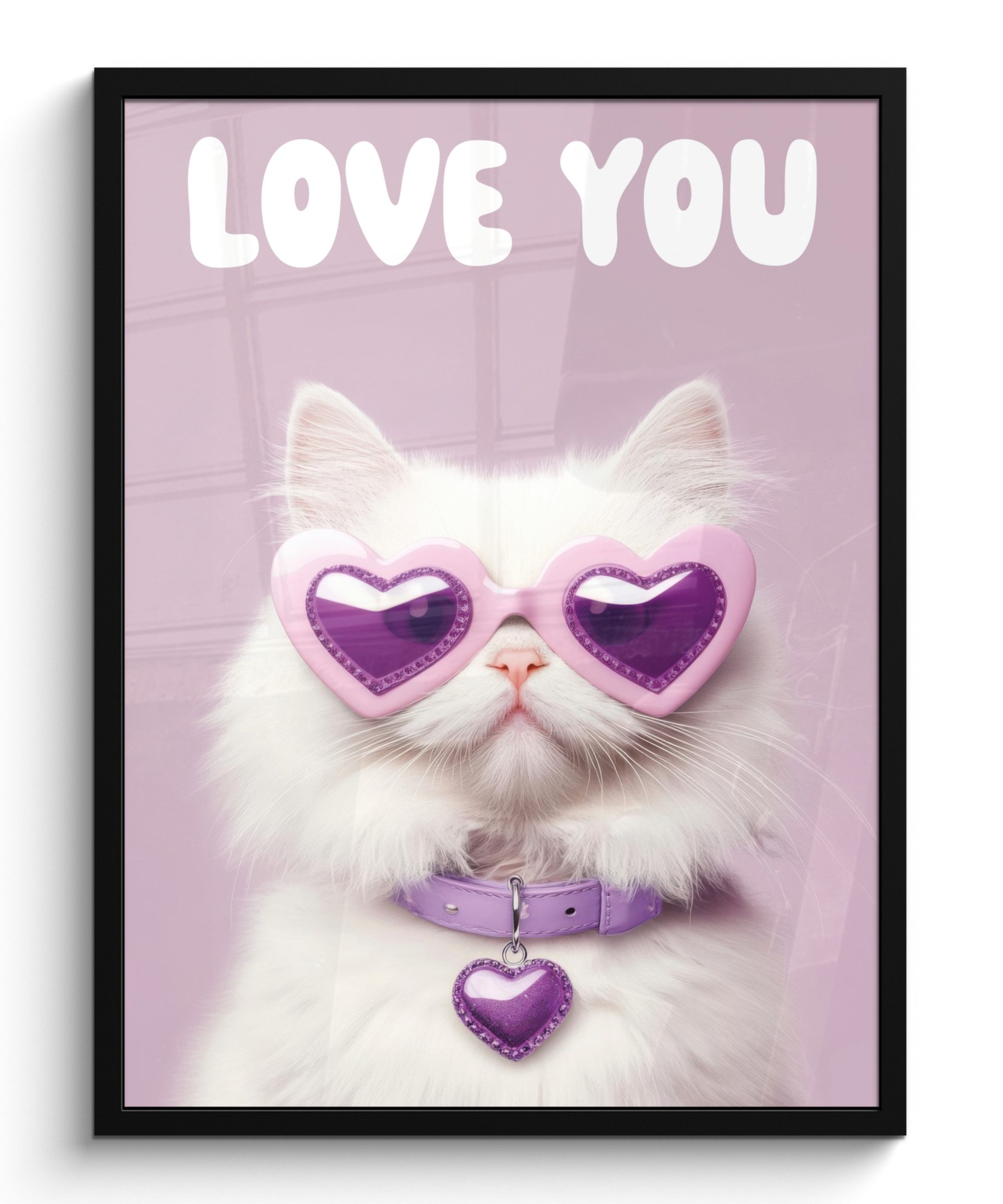 MuchoWow Poster Katze - Liebe - Lila - Valentinstag, (1 St), Bilderrahmen, Poster mit Rahmen, Wohnzimmer Deko, 50x70 cm