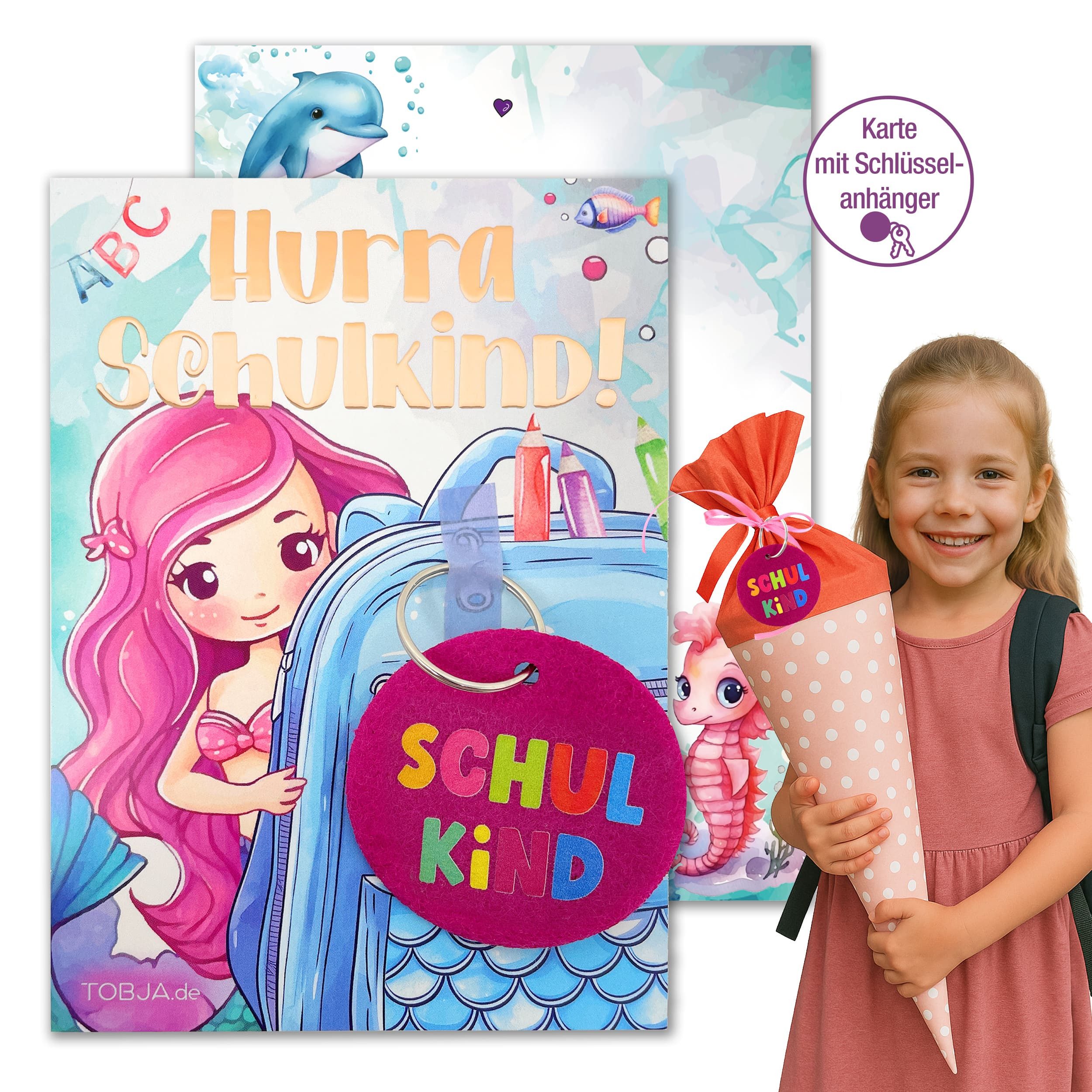 TOBJA Schulanfangskarte Geschenk Einschulung Mädchen Anhänger Schultüte, Schlüsselanhänger Schulkind, für Zuckertüte Meerjungfrau