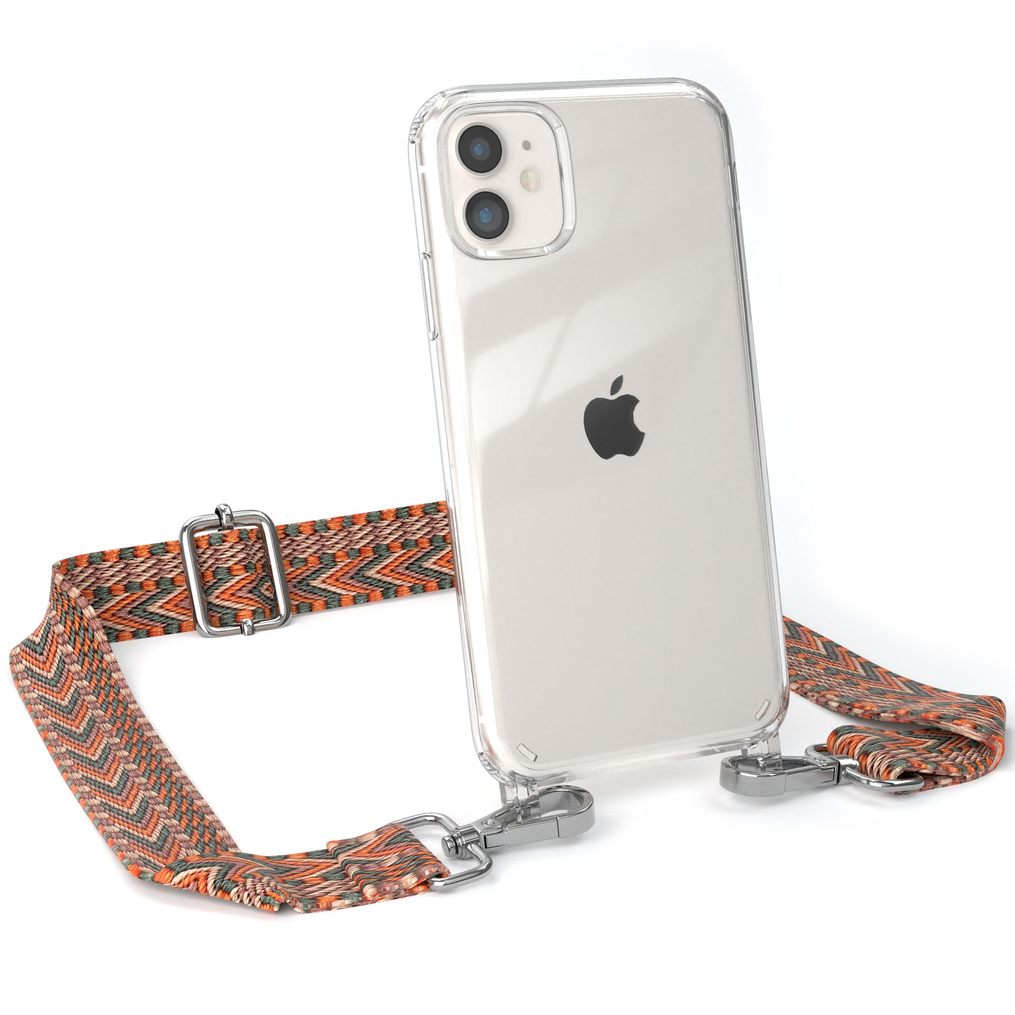 EAZY CASE Handykette Boho Umhängeband für Apple iPhone 11 6,1 Zoll, schmaler Gürtel Kordel transparenter Silikonhülle Umhängetasche Orange