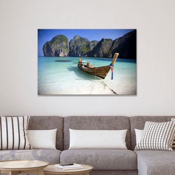 WallSpirit Leinwandbild "Strand mit Boot" - XXL Wandbild, Leinwand geeignet für alle Wohnbereiche