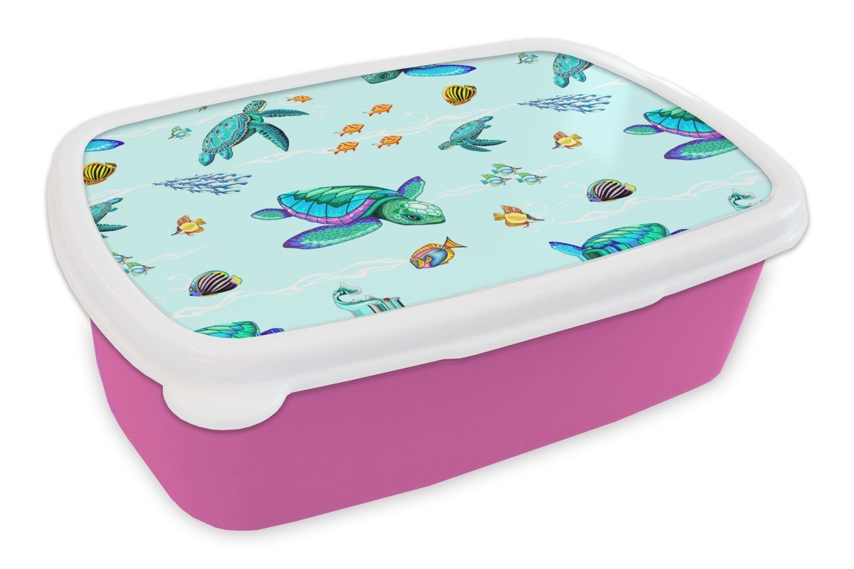 MuchoWow Lunchbox Regenbogen - Schildkröte - Fisch - Wasser - Muster, Kunststoff, (2-tlg), Brotbox für Erwachsene, Brotdose Kinder, Snackbox, Mädchen, Kunststoff rosa