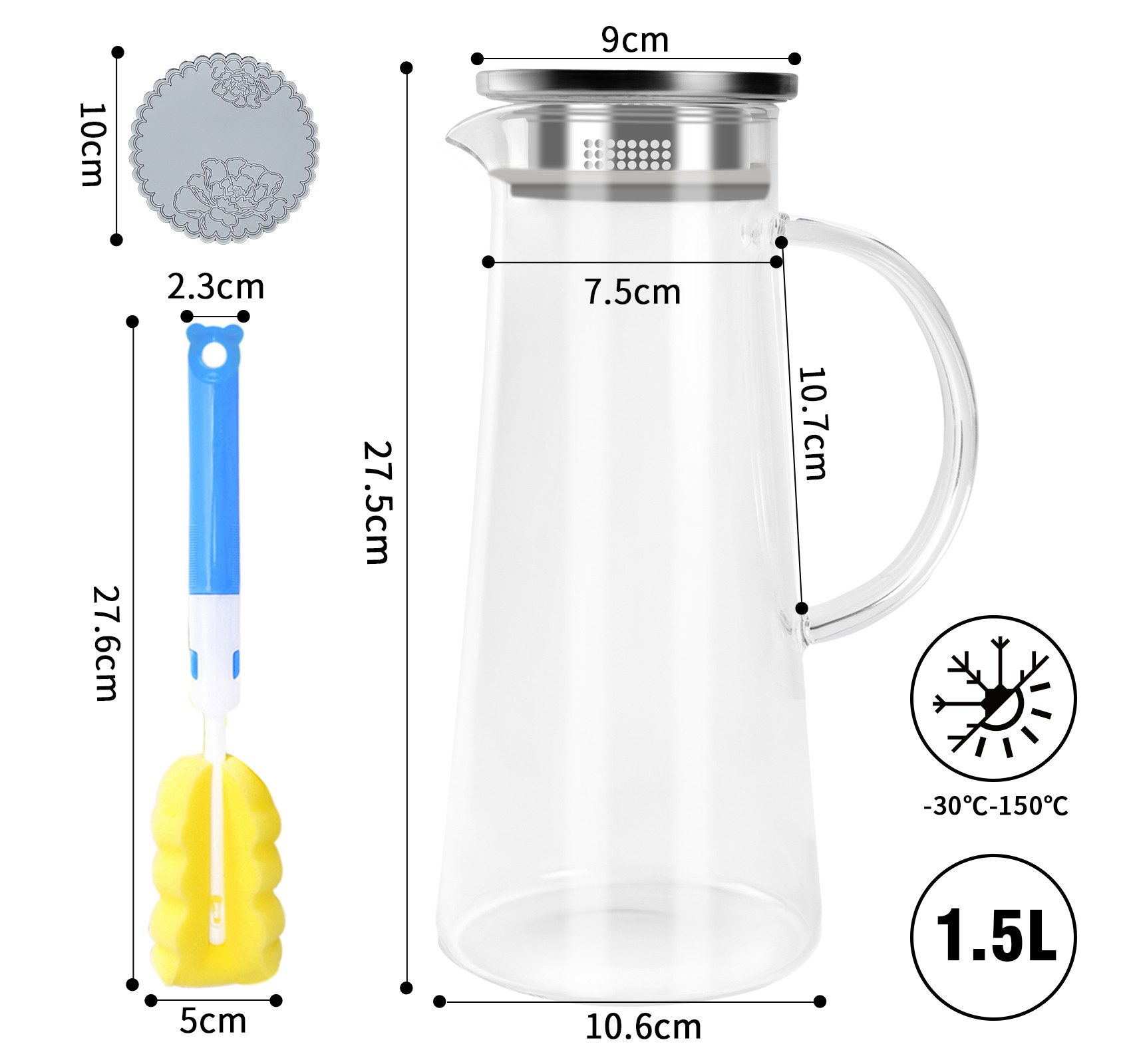 ElitVita Wasserkaraffe 1,5L Glaskaraffe, mit Edelstahldeckel, Griffen, Filter, -30°C~150°C, (1-tlg), Karaffe für heißes/kaltes Wasser Eistee Saft Getränke Wein
