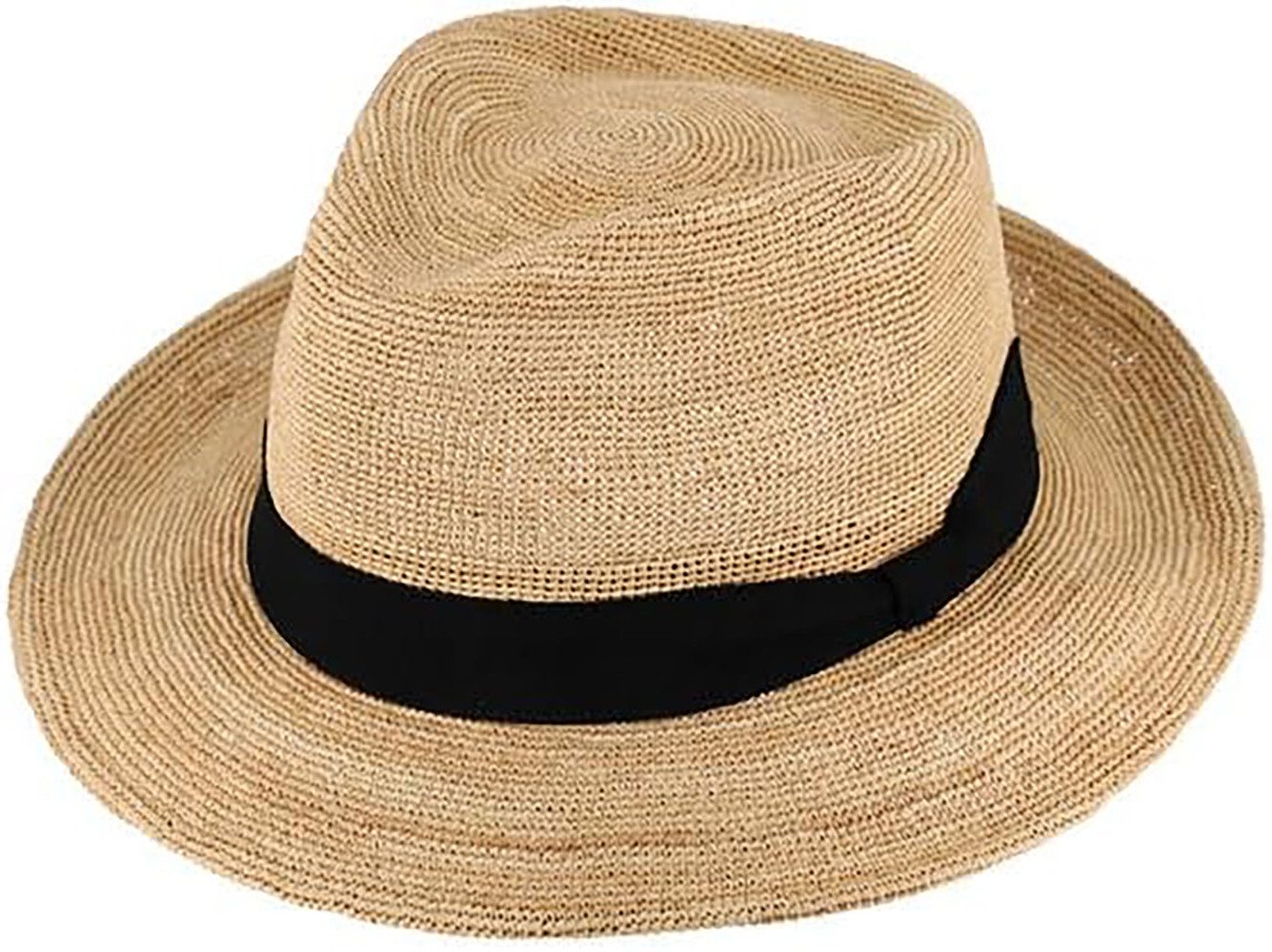 Fiebig Strohhut Raffiahut Fedora Crochet, Crushable Sonnenhut aus gehäkeltem Material
