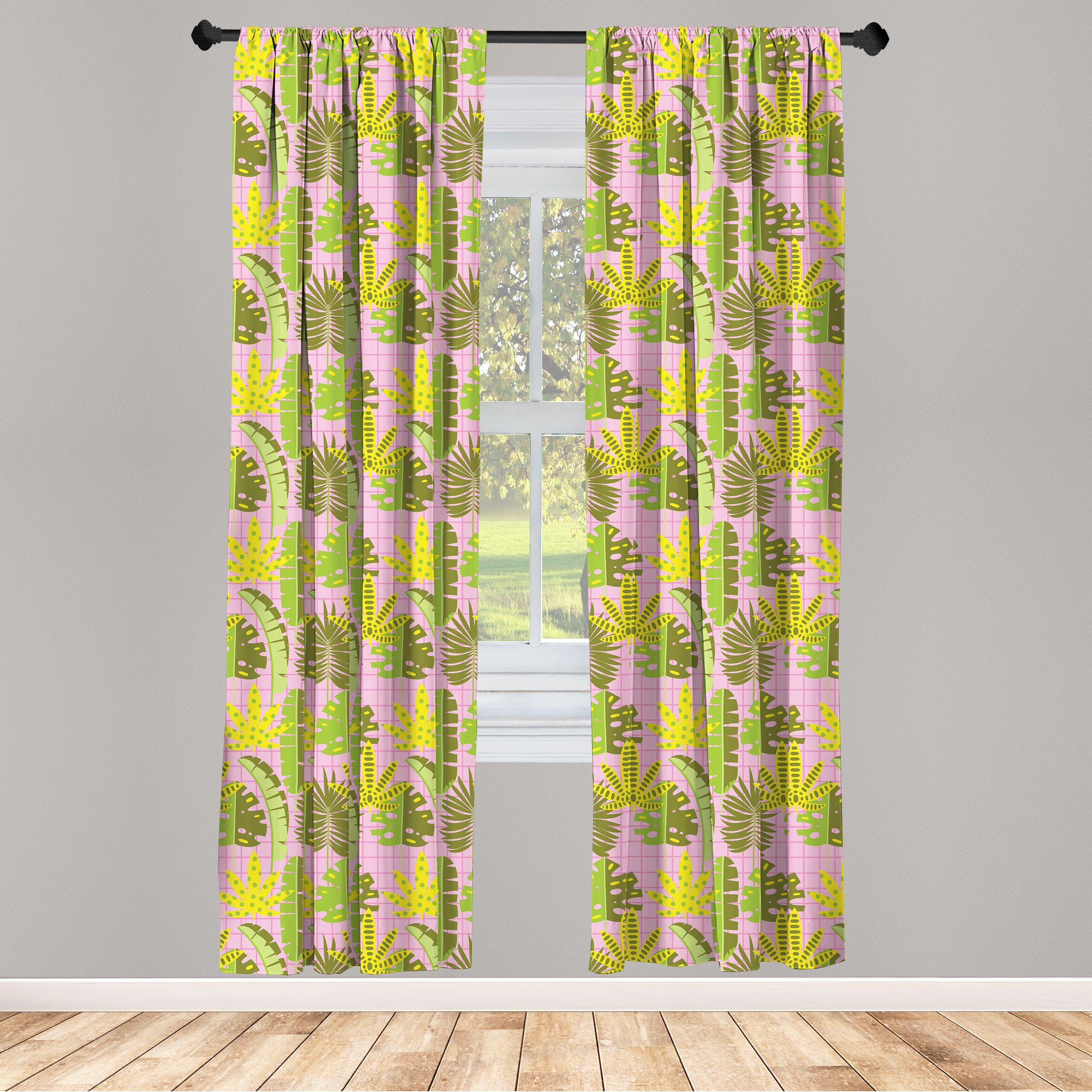 Gardine Vorhang für Wohnzimmer Schlafzimmer Dekor, Abakuhaus, Microfaser, Exotisch Tropic Blätter auf Checkered