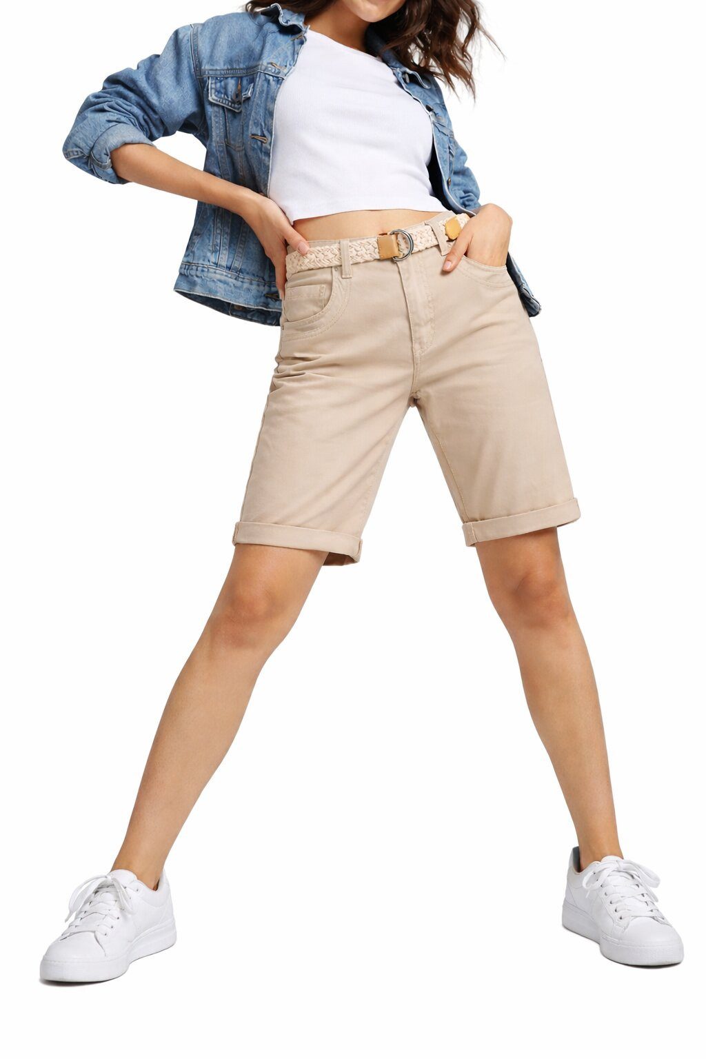 SUBLEVEL Shorts Damen Chino Bermuda kurze Hose leichte Sommerhose mit Gürtel Leichte Bermuda mit Stretchkomfort, Slim Fit und Flechtgürtel