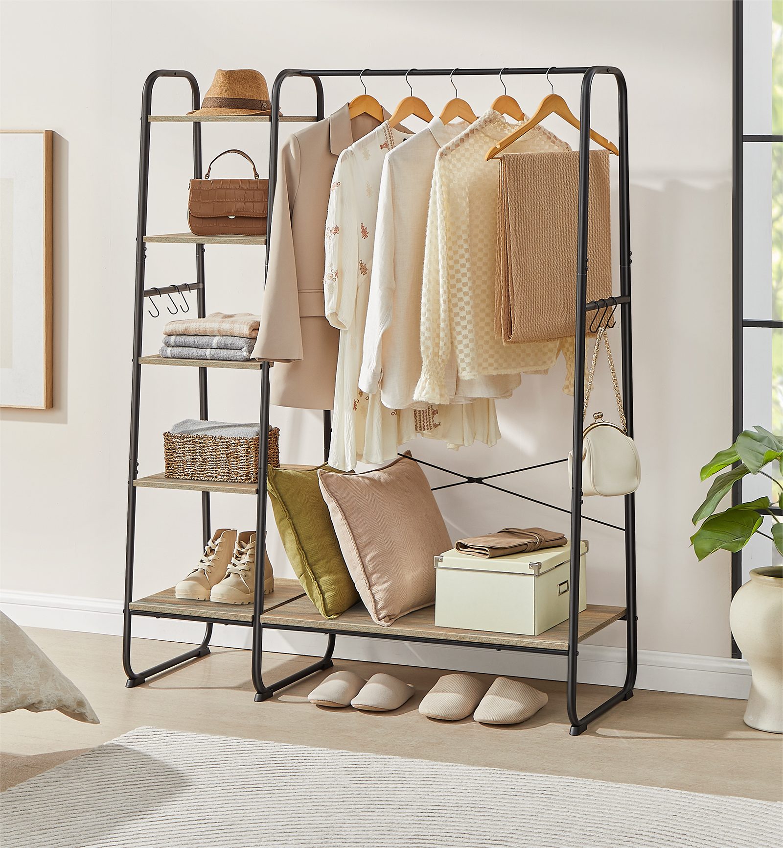 VASAGLE Kleiderständer, mit Kleiderstange, Schuhablage, 6 abnehmbare Haken günstig online kaufen