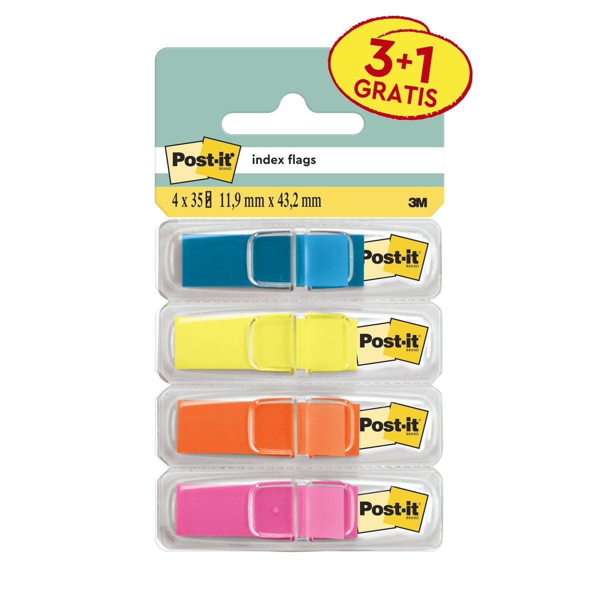 3M Deutschland GmbH Notizzettel Post-it Index Haftstreifen Mini 4 Farben 11,9x43,2mm 4x35 Blatt