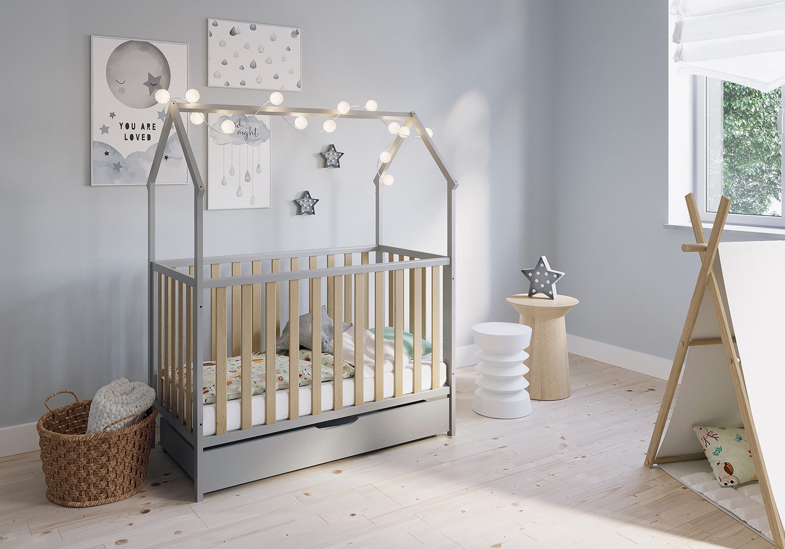 FabiMax Kinderbett Hausbett Schlafmütze 120x60, grau lackiert / natur, Kiefernholz massiv, Gitterbett, Umbaubar zum Juniorbett