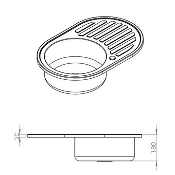 Mucola Edelstahlspüle Einbauspüle 77x50CM rund aus Edelstahl Ablage - links Spülbecken spüle, oval, (Stück), Anti-Kondensbeschichtung