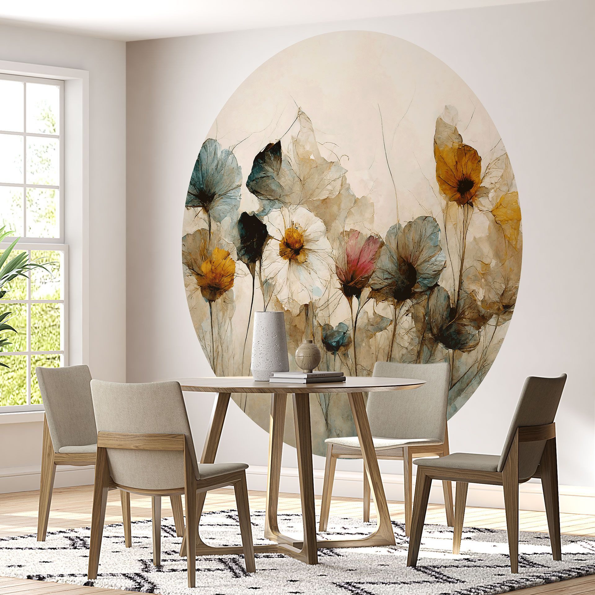 K&L Wall Art Fototapete selbstklebend Vliestapete Blumen Wandbild rund Vintage Natur Wanddeko, floral, bedruckt, selbstklebende Tapete