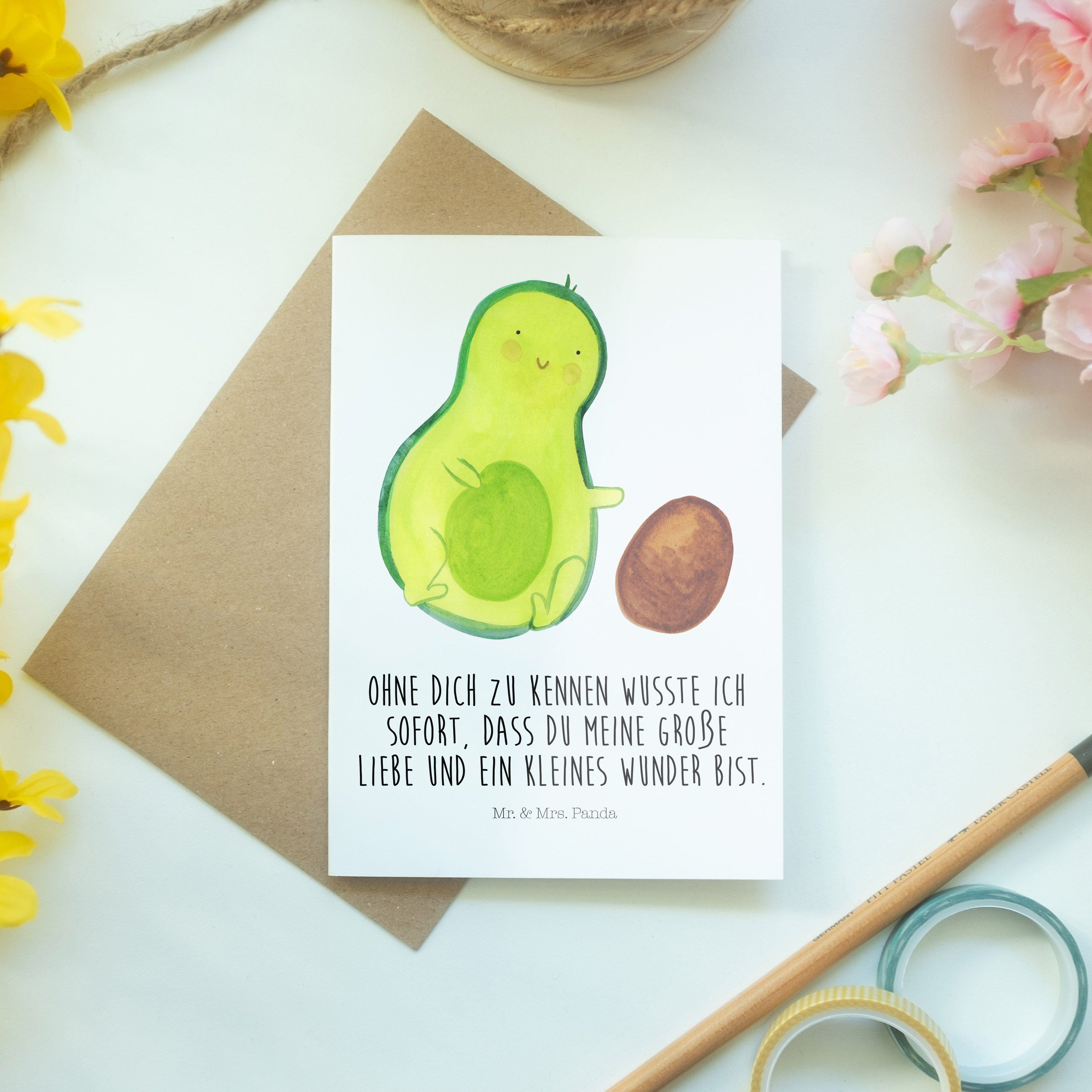 Mr. & Mrs. Panda Grußkarte Avocado rollt Kern - Weiß - Geschenk, erstes Kind, Einladungskarte, L