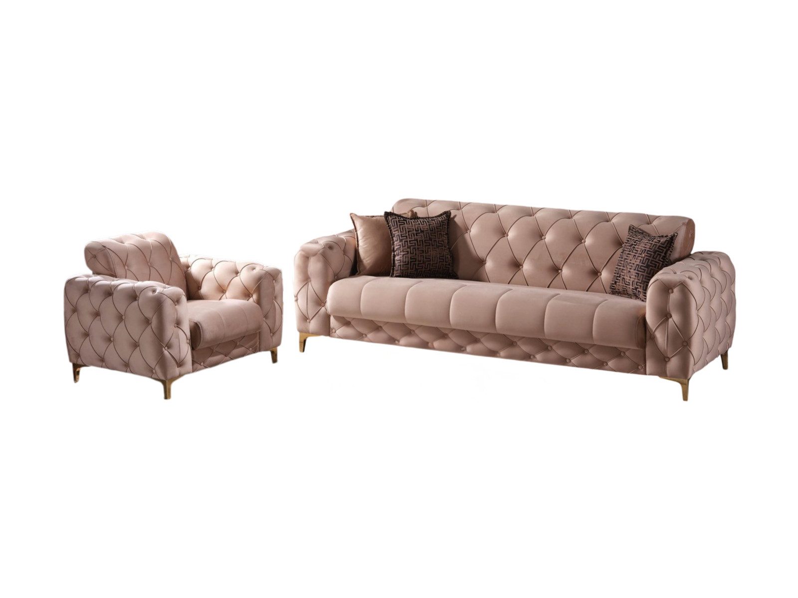 Villa Möbel Polstergarnitur Acelya, (2-tlg. Set, Set besteht aus: 2-Sitzer + Sessel), Beige Sofa Set mit Schlaffunktion durch aufklappbare Sitzfläche