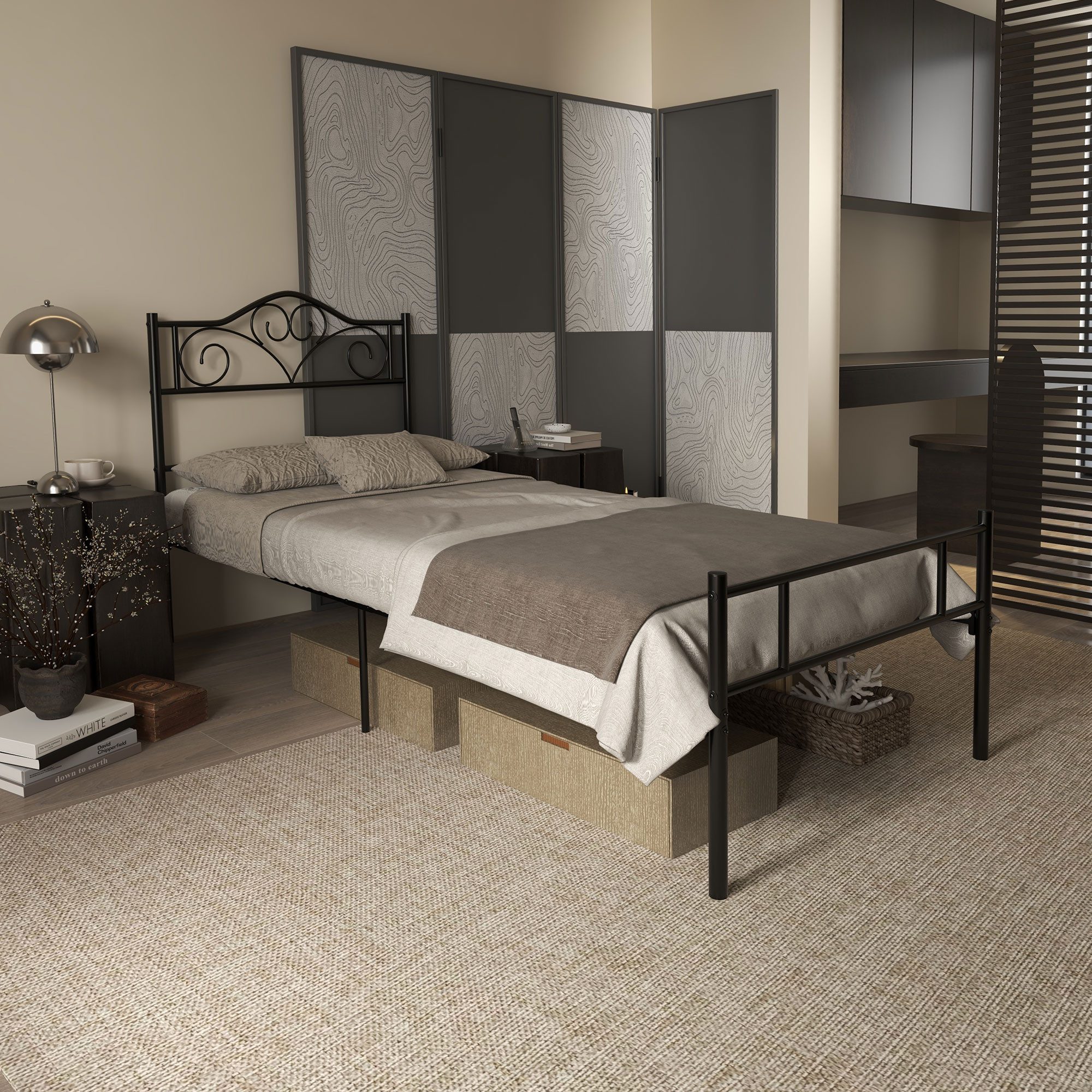 HOMCOM Bettgestell Bett 90 x 200 cm Bettrahmen mit Kopf- und Fußteil, Schwarz (Einzelbett, 1-tlg., Einzelbett mit Lattenrost), Stabiles Metallbett mit Stauraum