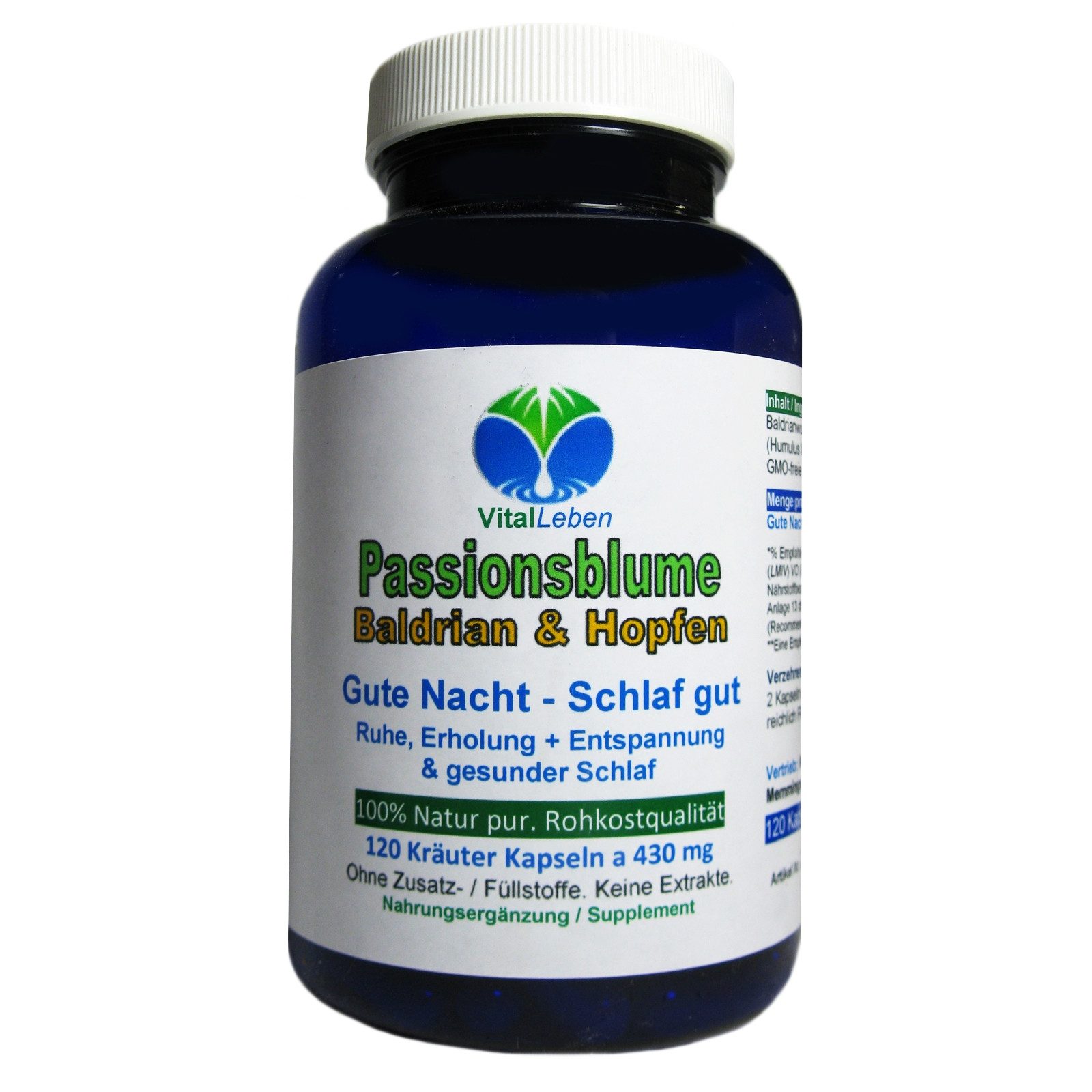 VitalLeben Baldrian Hopfen Passionsblume Pflanzen-Komplex für die Abendruhe Kapseln, 1 er Dose à 120 St., 51,6 g, Art. 26690-120