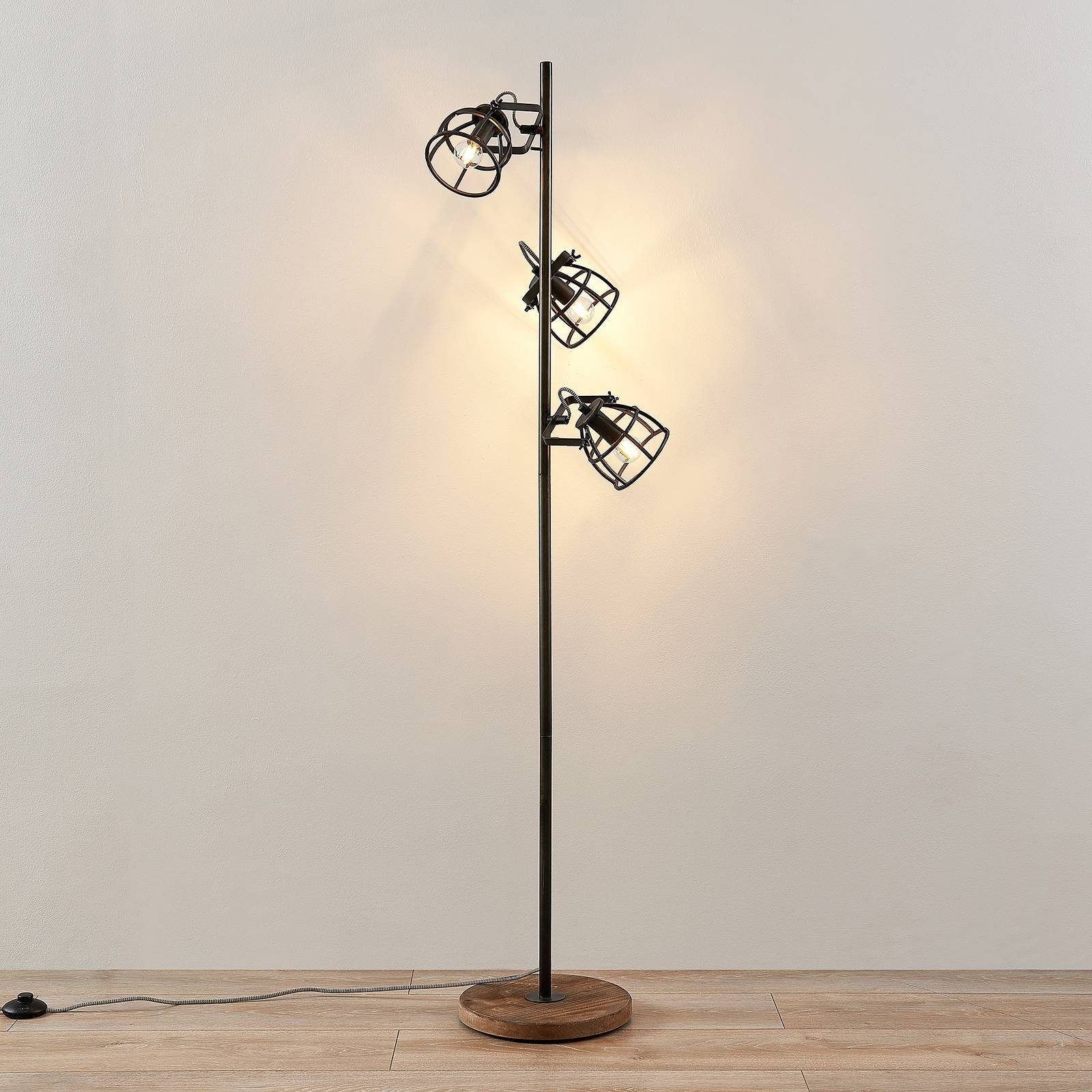 Lindby Stehlampe Rutger, inklusive, Vintage, flammig, Leuchtmittel 3 Stehleuchte nicht Metall, braun, Holz, E14, Schwarz
