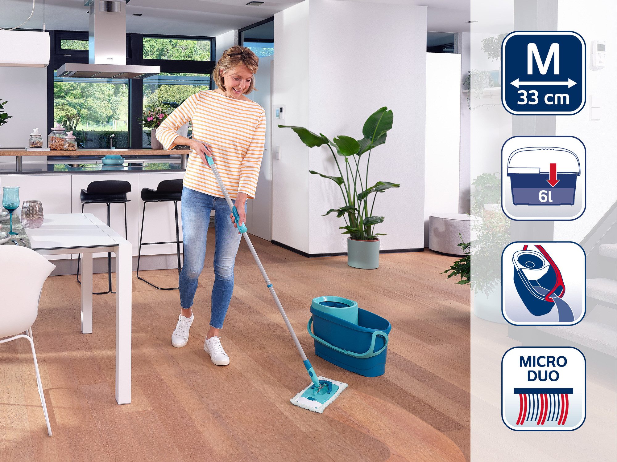 Leifheit Bodenwischer-Set Set CLEAN TWIST M Ergo micro duo + Kraftreiniger, (5-St), Drill-Stiel-Mechanik, 360° Kardangelenk, längenverstellbar (110-140cm)